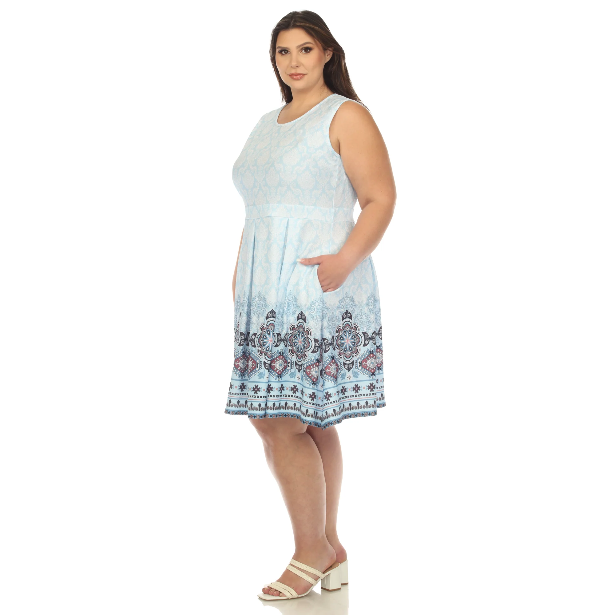 Blue Border Print Fit and Flare Knee Length Dress - Plus - Image 2