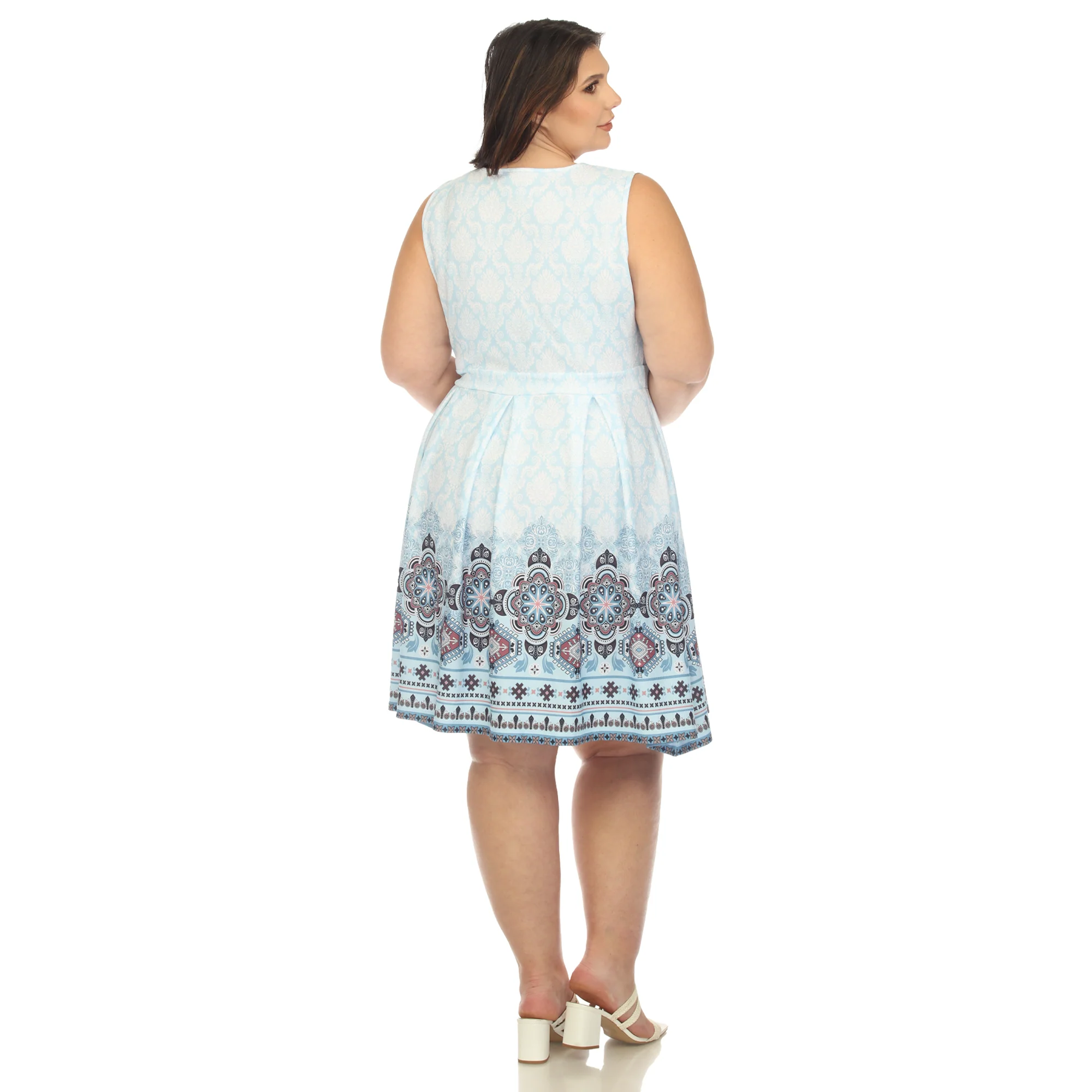Blue Border Print Fit and Flare Knee Length Dress - Plus - Image 3