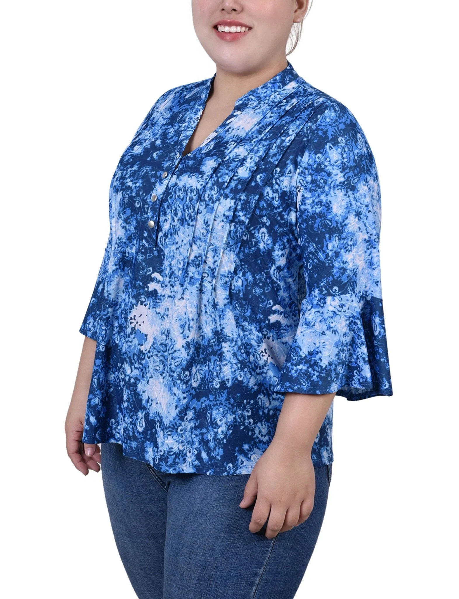 Blue Flower 3/4 Bell Sleeve Pleat Front Y Neck Top - Plus - Image 2