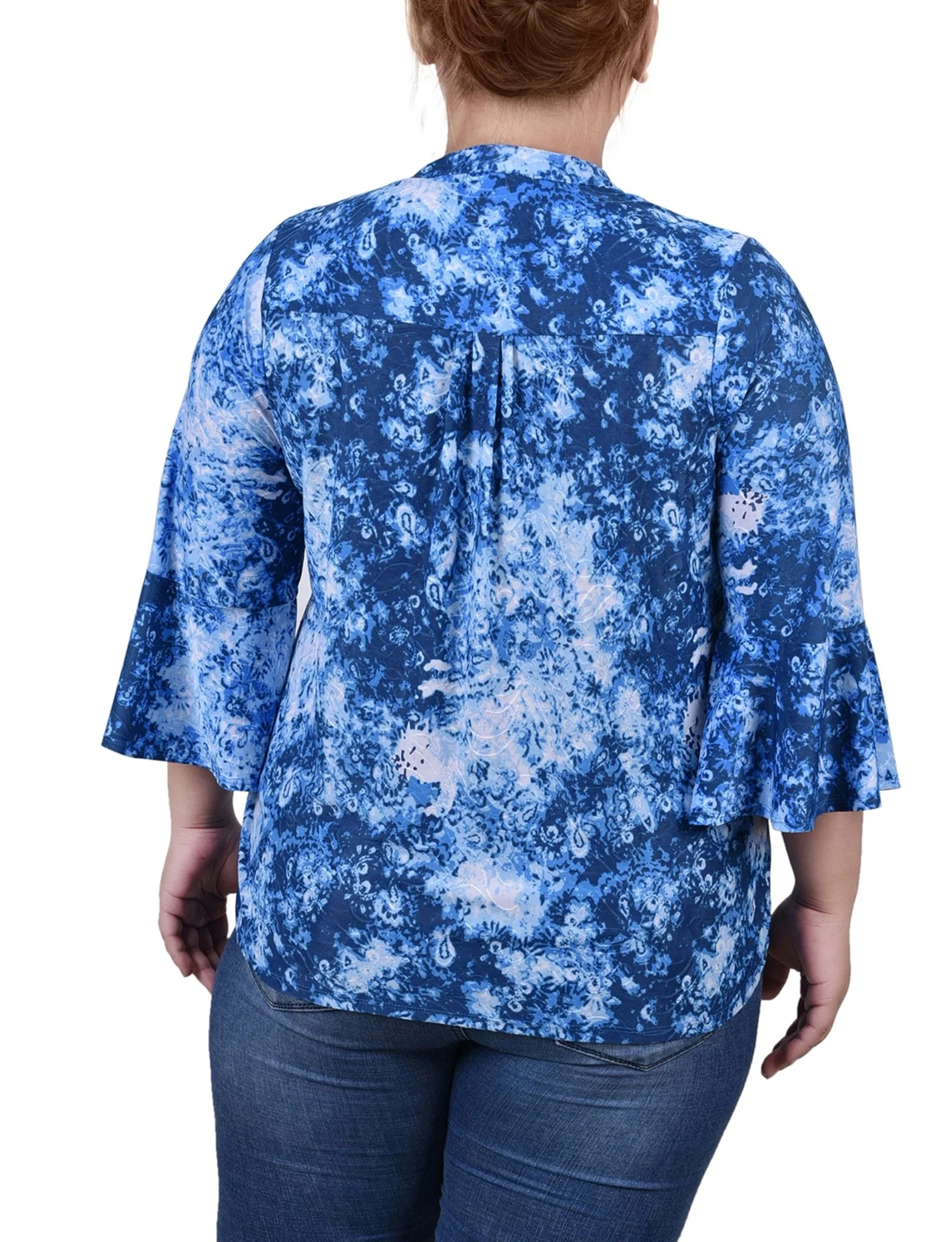 Blue Flower 3/4 Bell Sleeve Pleat Front Y Neck Top - Plus - Image 4