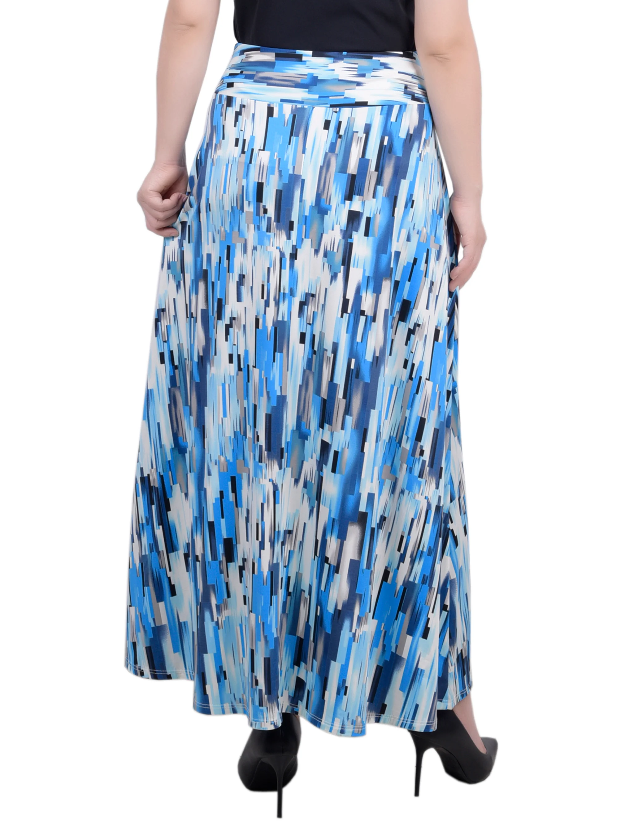 Blue Long Square Abstract Maxi Skirt With Sash Waist Tie - Petite - Image 4