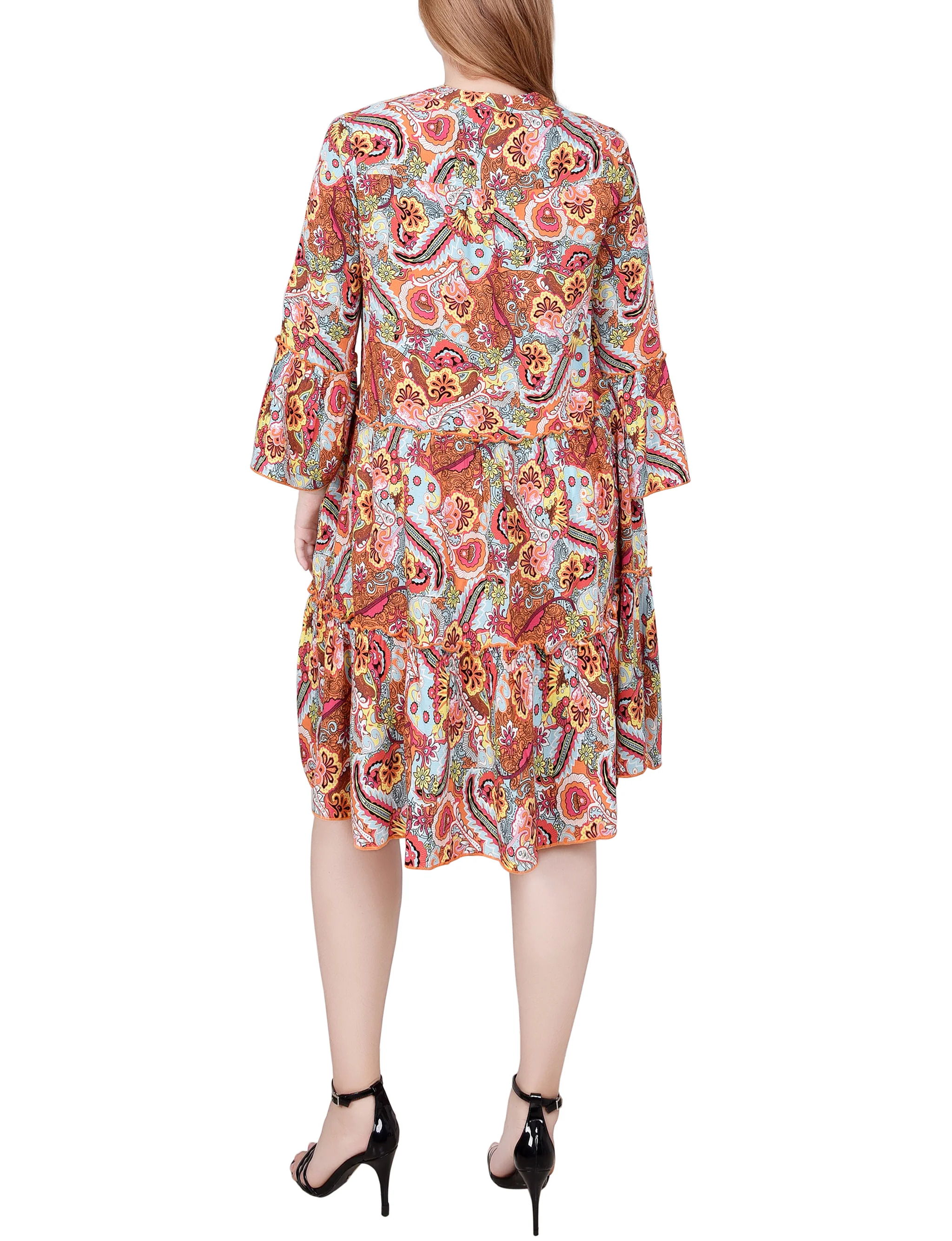 Blue Orange Floral Paisley 3/4 Sleeve Tiered Dress - Image 4
