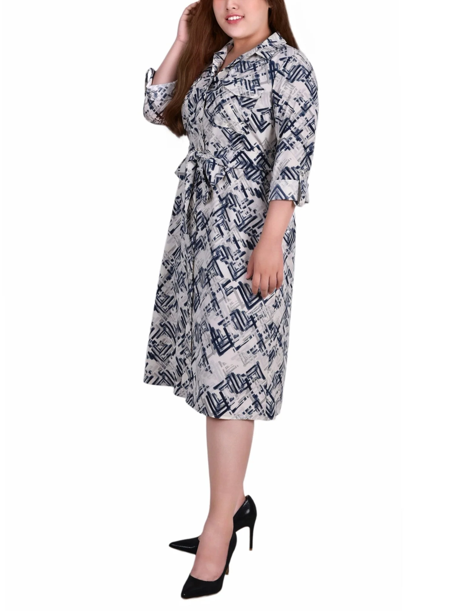 Blue White 3/4 Roll Tab Sleeve Belted Shirtdress - Plus - Image 2
