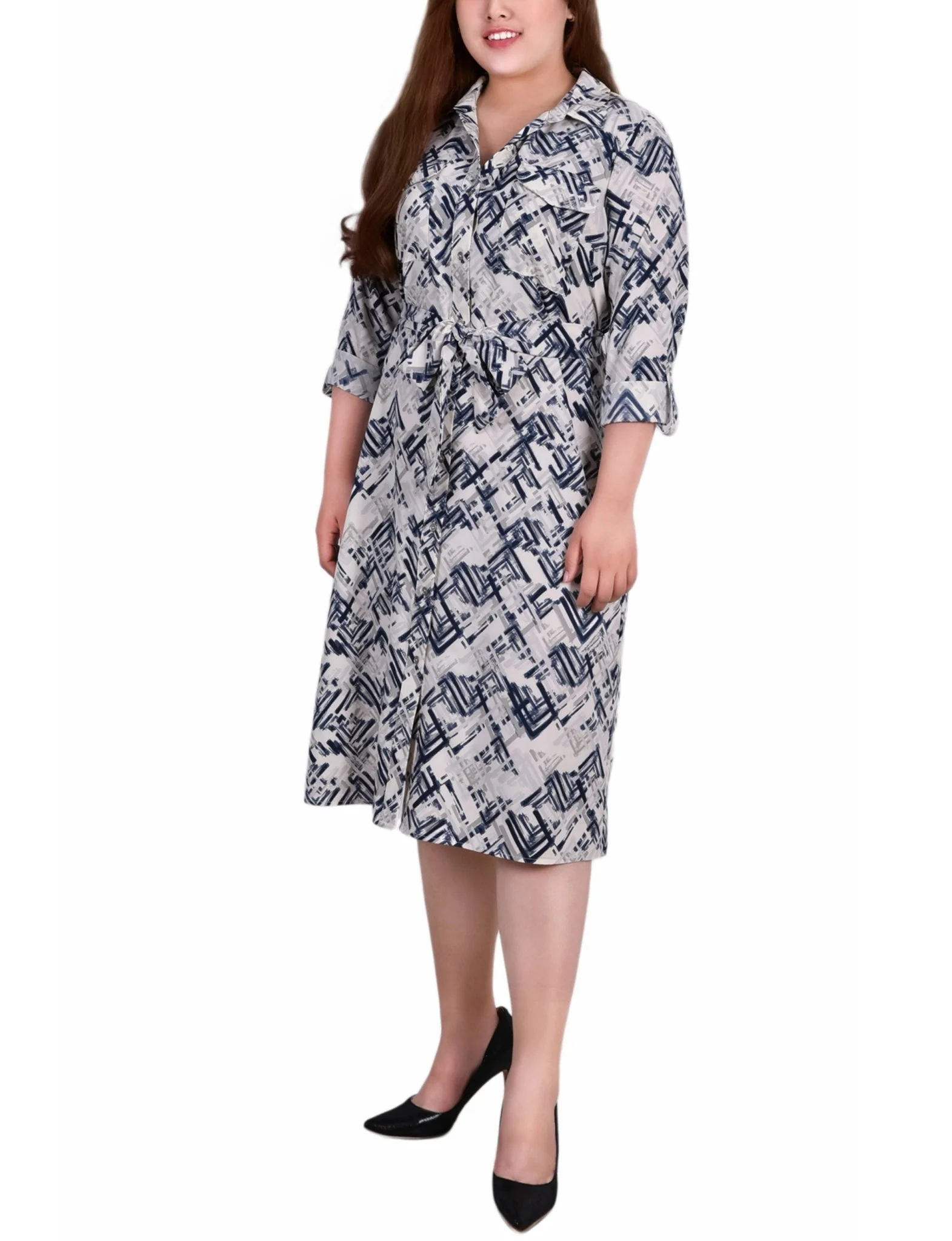Blue White 3/4 Roll Tab Sleeve Belted Shirtdress - Plus - Image 4