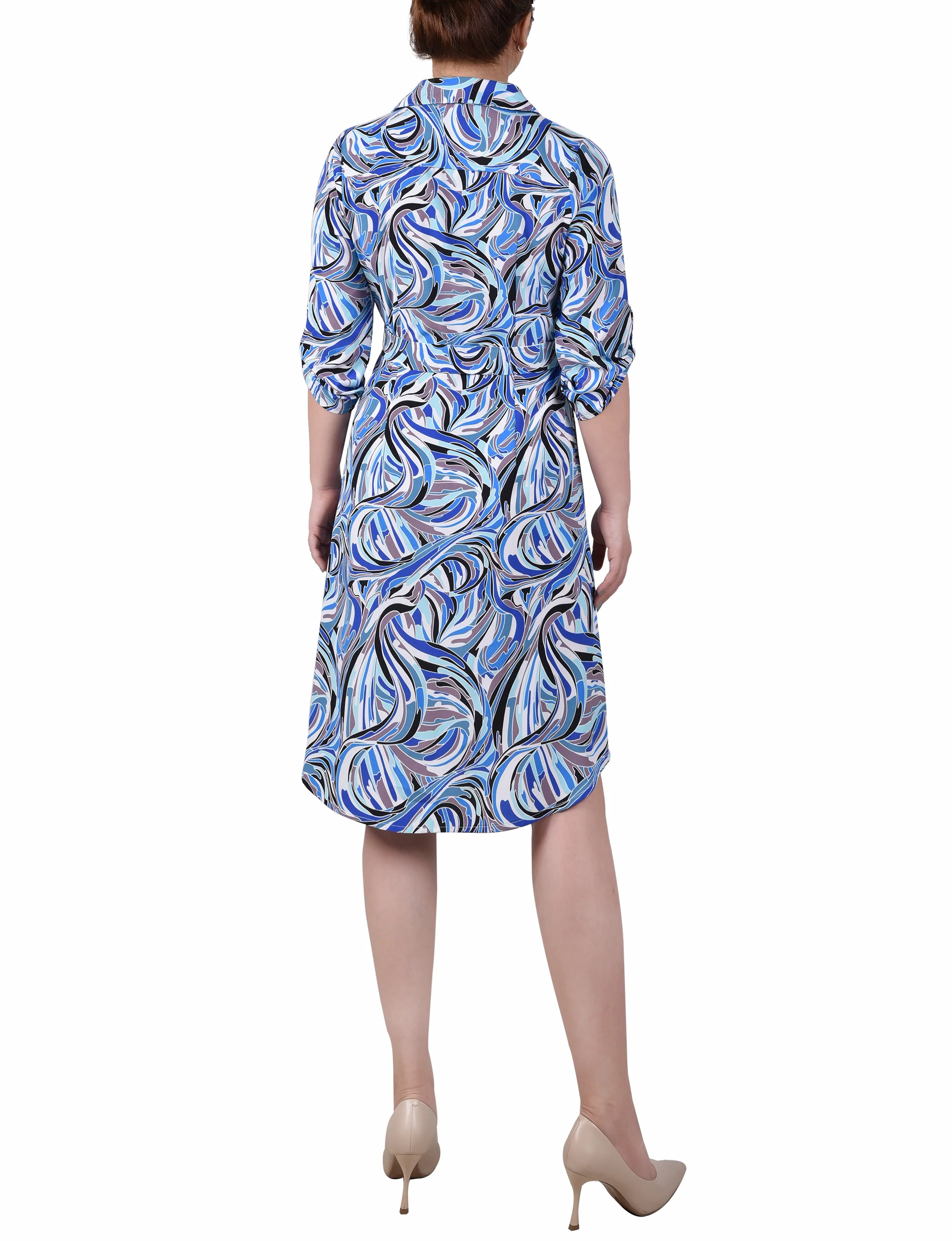 Blue White Black Pucci 3/4 Roll Tab Sleeve Zippered Shirtdress - Image 3