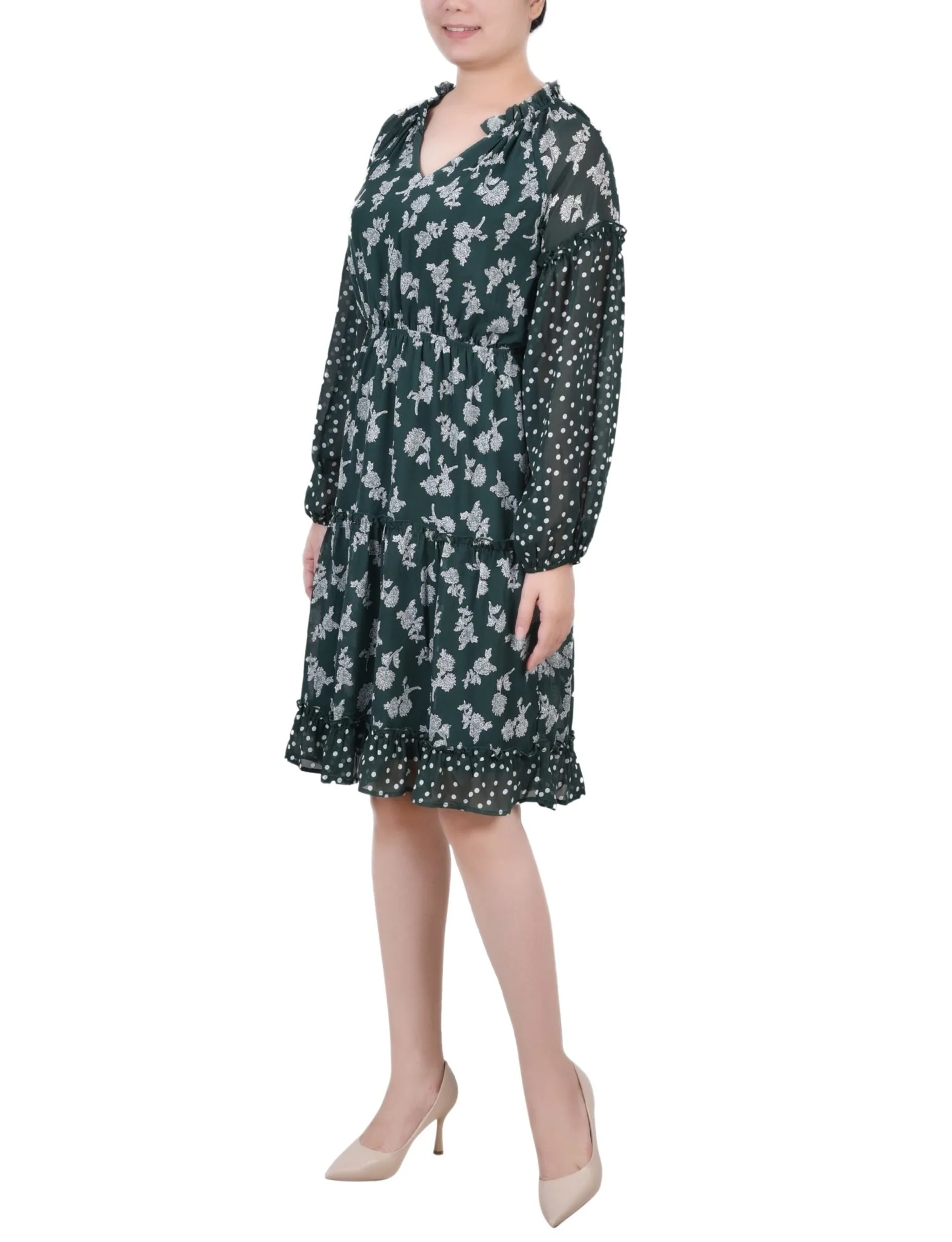 Botanical Garden Floral Dot Long Sleeve Combo Chiffon Dress - Petite - Image 2