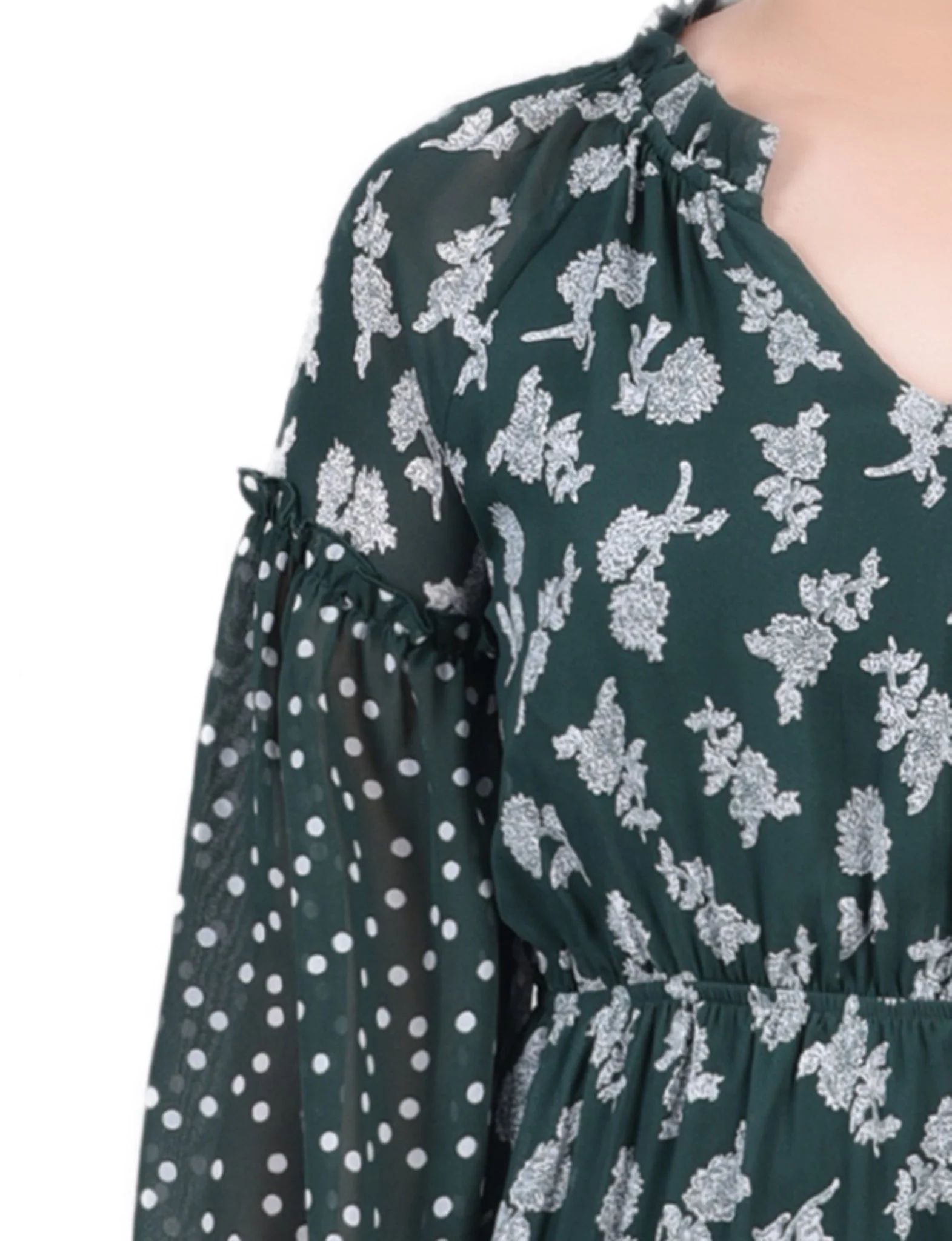 Botanical Garden Floral Dot Long Sleeve Combo Chiffon Dress - Petite - Image 4
