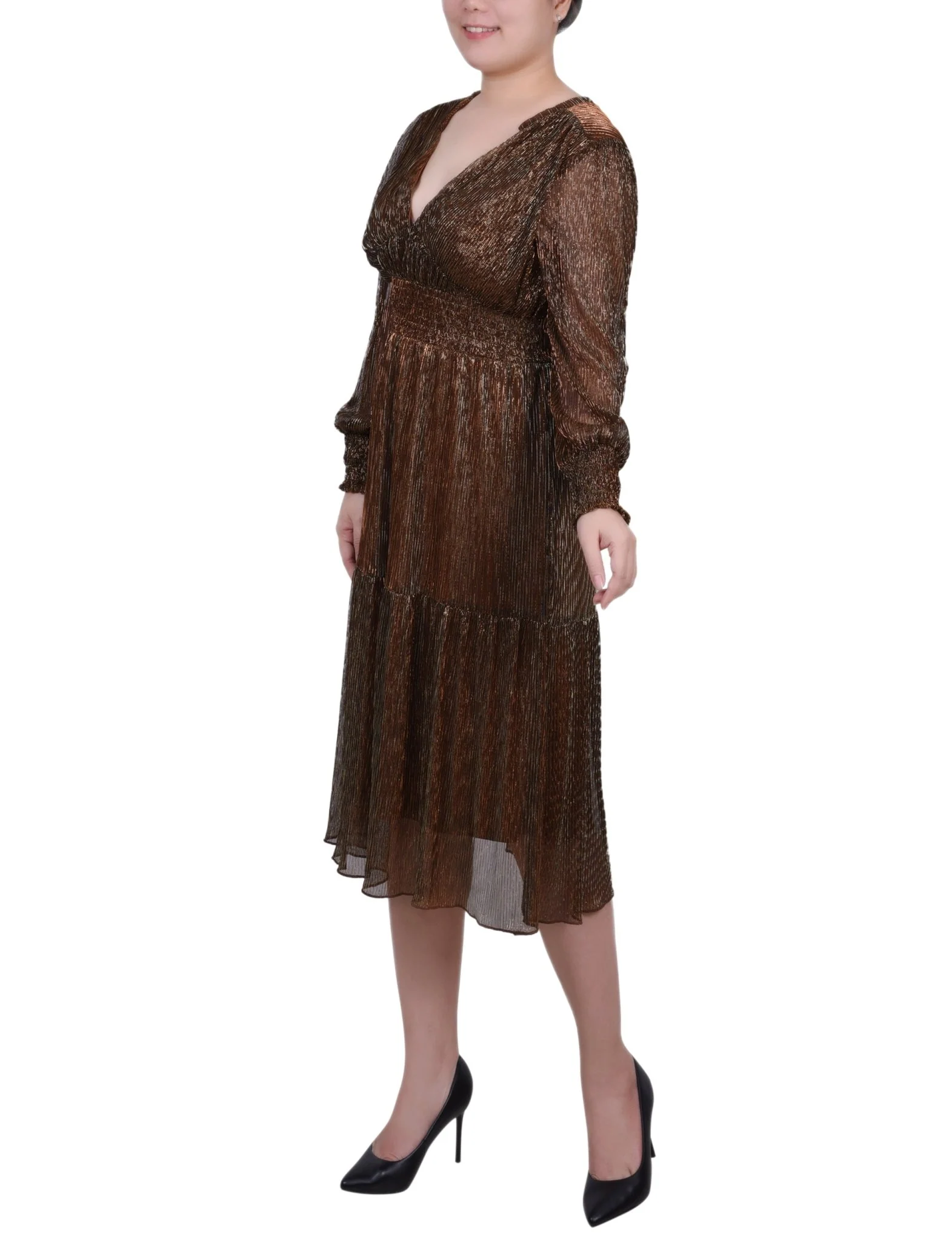 Bronze Long Sleeve Plisse Mesh Dress - Image 2