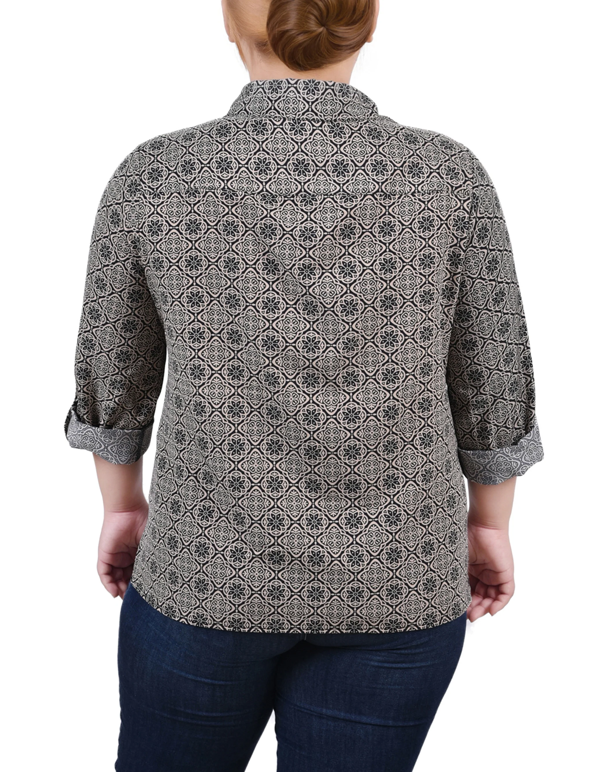 Brown 3/4 Roll Tab Blouse With Pockets - Plus Size - Image 4