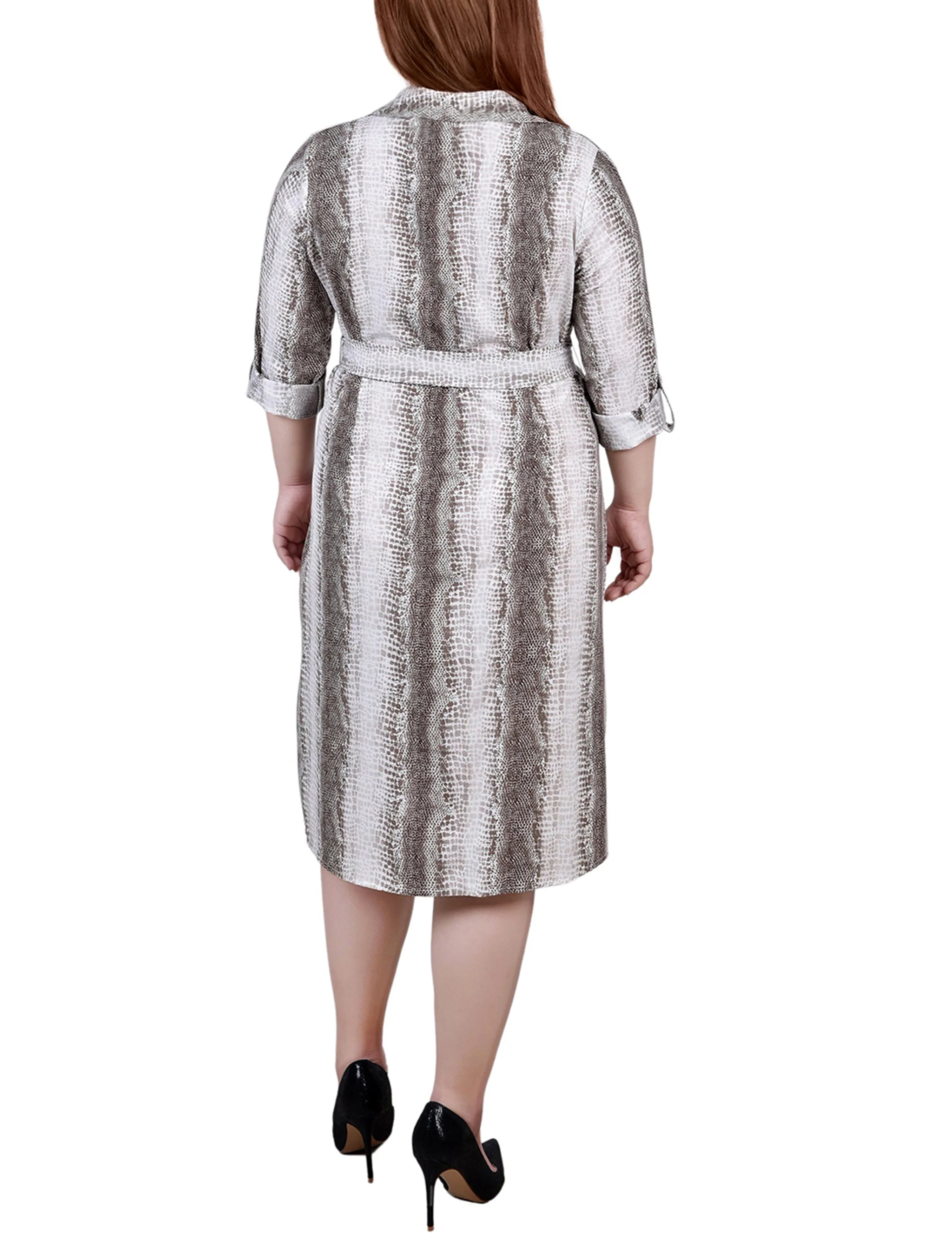Brown 3/4 Roll Tab Sleeve Belted Shirtdress - Plus Size - Image 3
