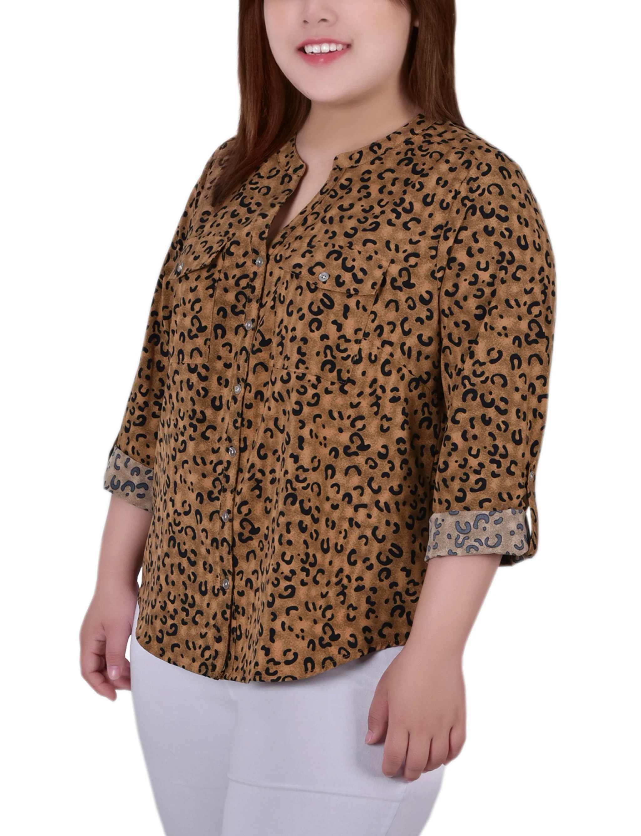 Brown 3/4 Roll Tab Sleeve Mandarin Collar Blouse - Plus Size - Image 2