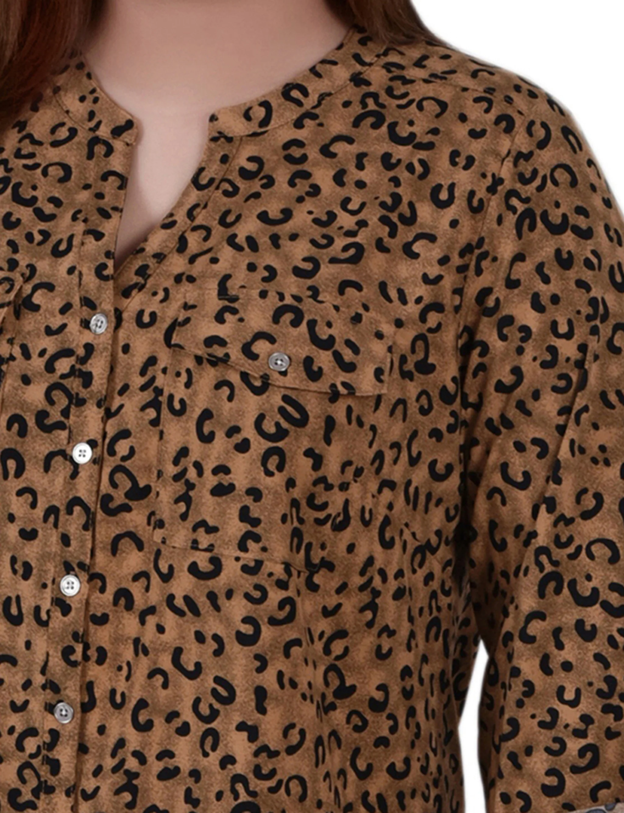 Brown 3/4 Roll Tab Sleeve Mandarin Collar Blouse - Plus Size - Image 3