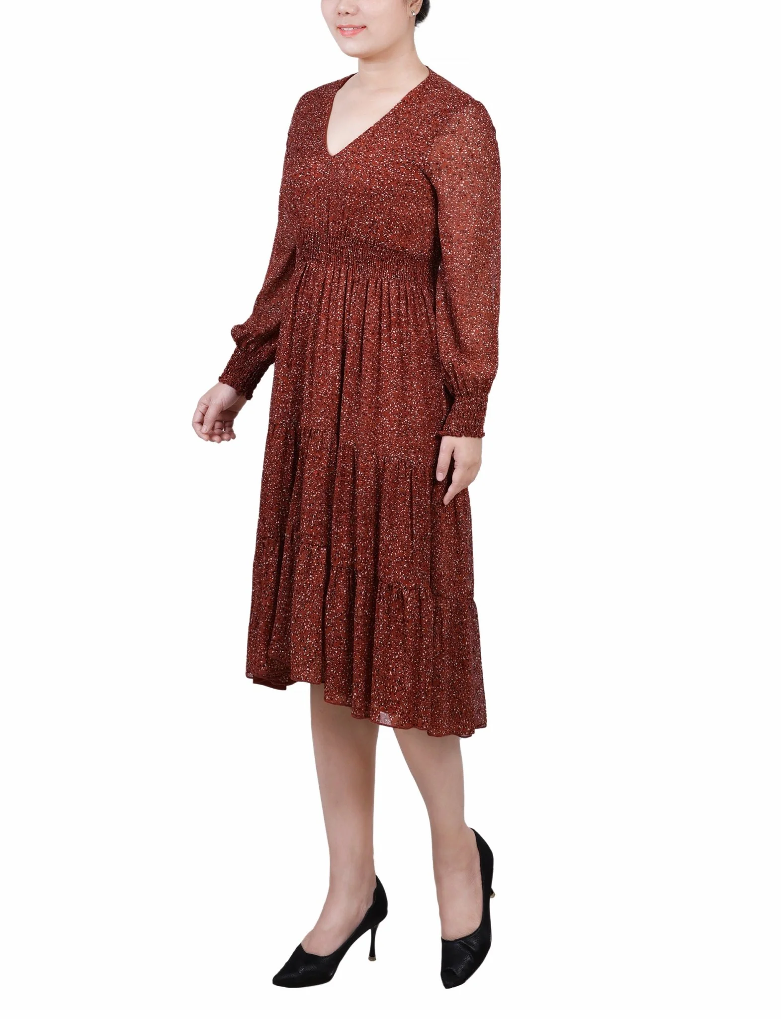 Brown Cheetah Long Sleeve Clip Dot Chiffon Dress With Smocked Waist and Cuffs - Image 2
