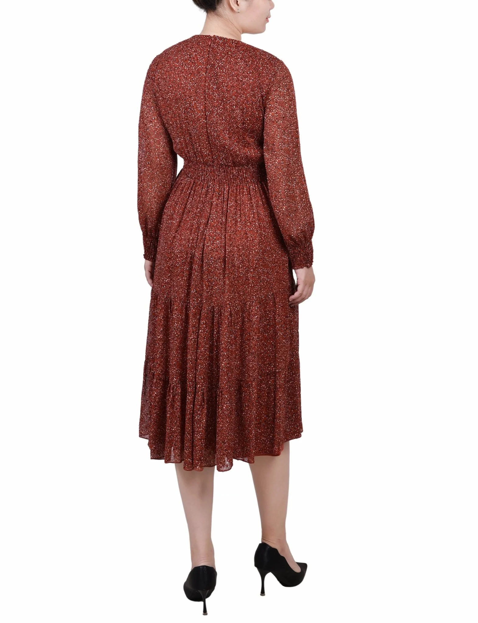 Brown Cheetah Long Sleeve Clip Dot Chiffon Dress With Smocked Waist and Cuffs - Image 3