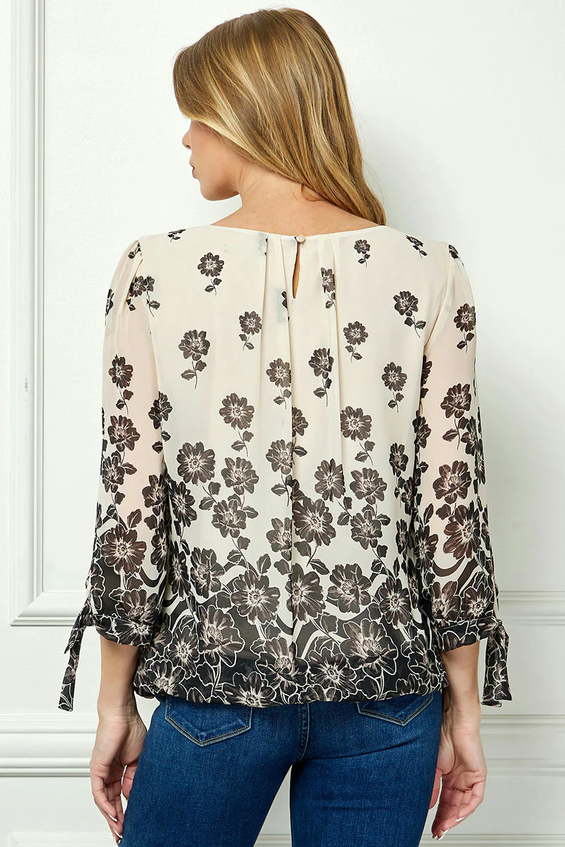 Bubble Hem 3/4 Tie Sleeve Blouse -Beige - Image 4