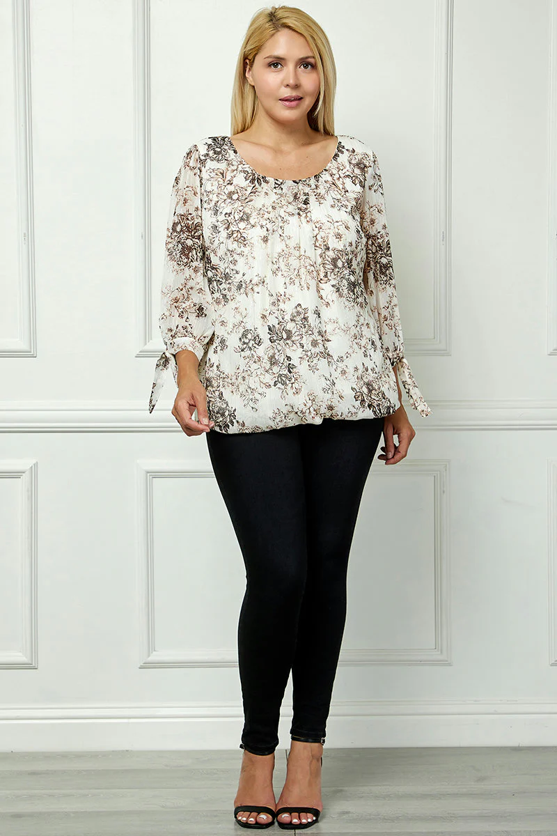 Bubble Hem 3/4 Tie Sleeve Blouse - Beige - Plus - Image 2