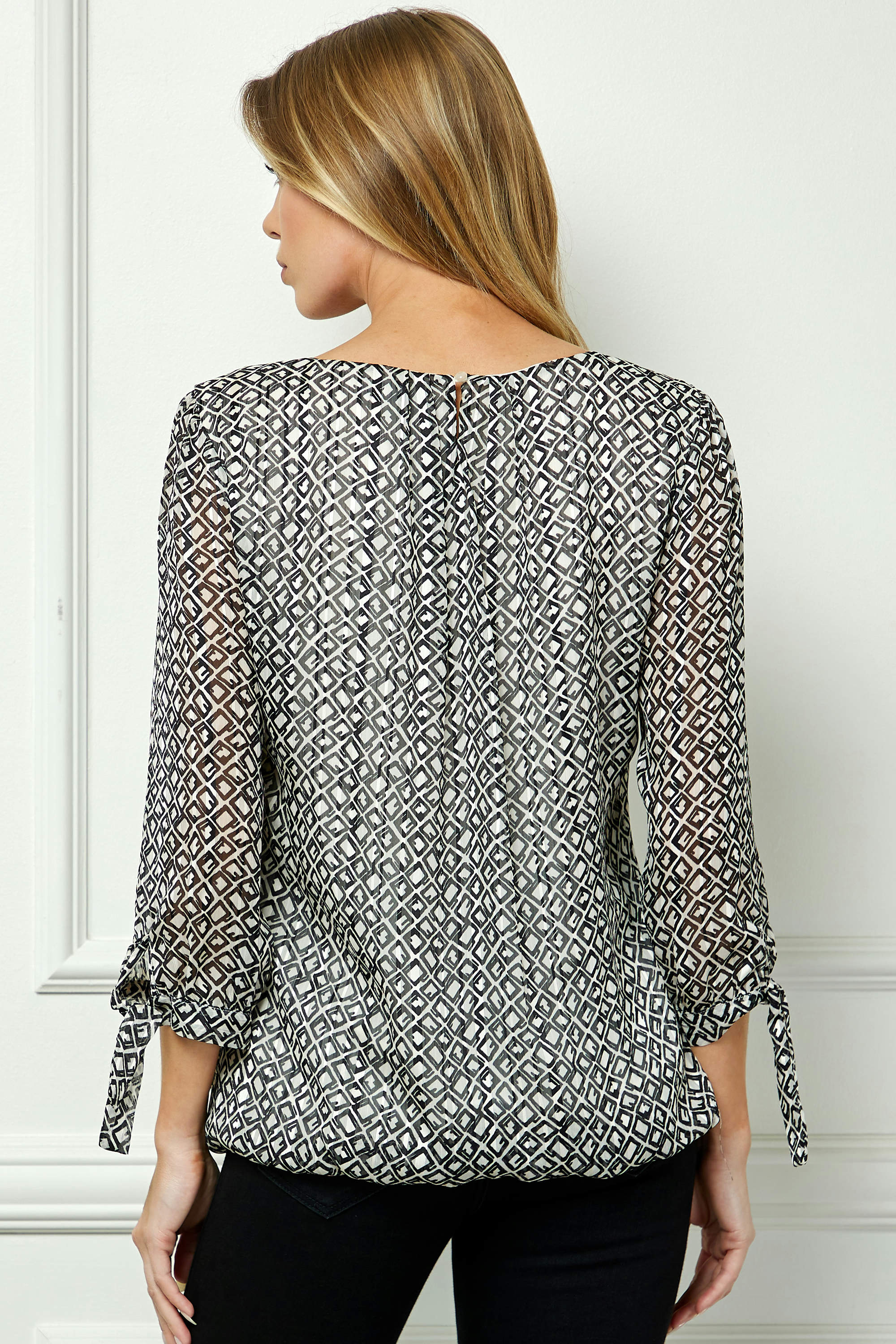 Bubble Hem 3/4 Tie Sleeve Blouse - Cream - Image 4