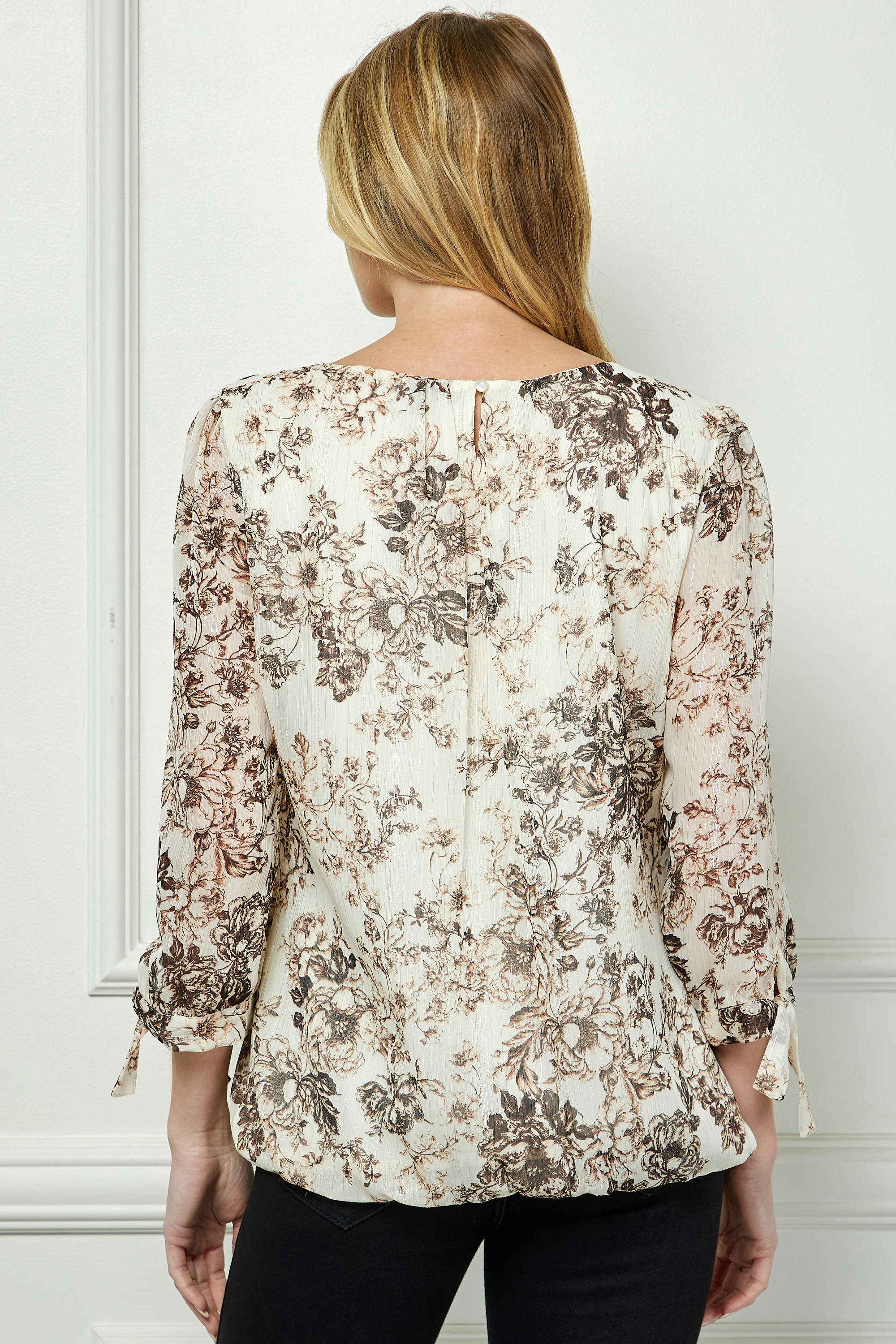 Bubble Hem 3/4 Tie Sleeve Blouse - Eggshell - Image 4