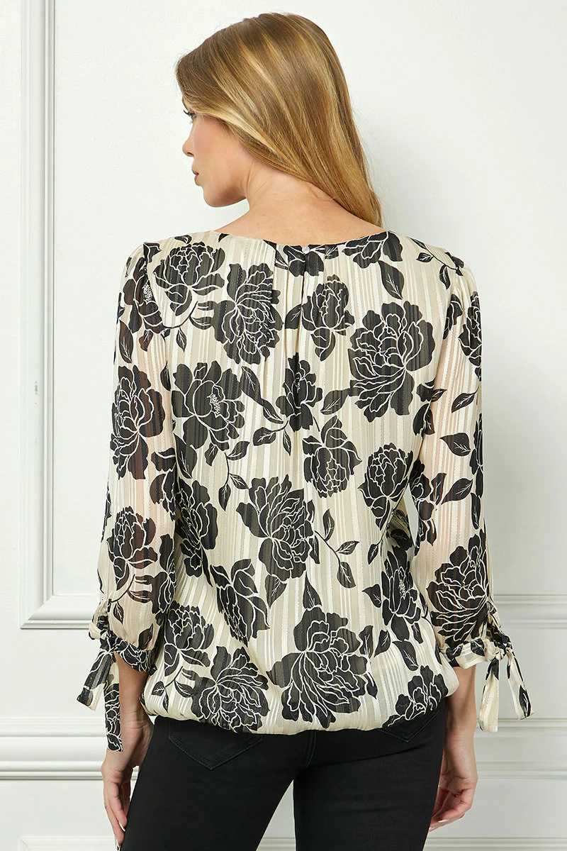Bubble Hem 3/4 Tie Sleeve Blouse in Beige - Image 4