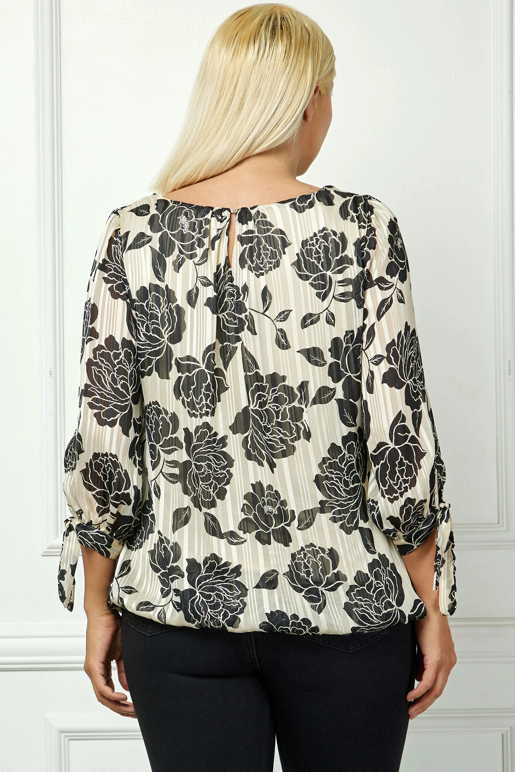 Bubble Hem 3/4 Tie Sleeve Blouse in Beige - Plus - Image 4