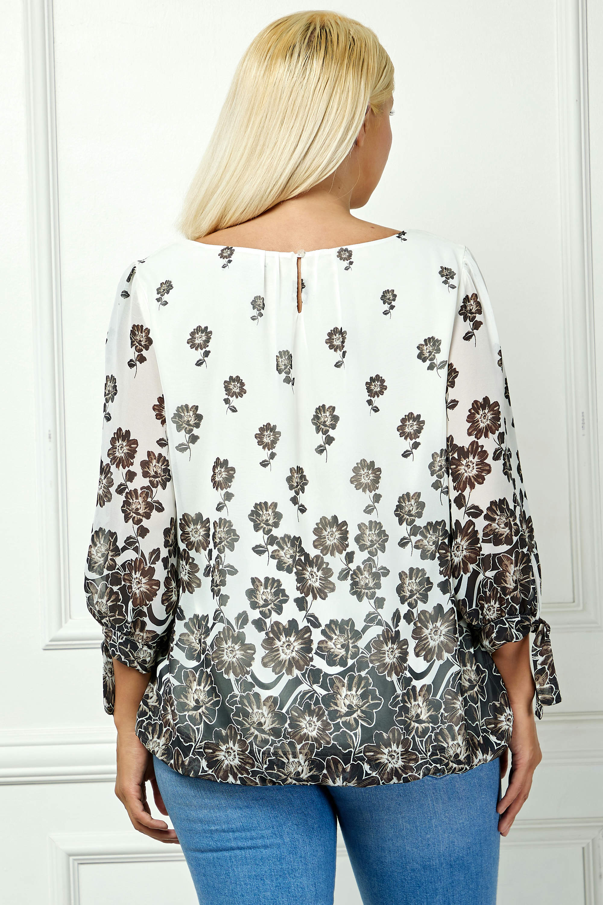 Bubble Hem 3/4 Tie Sleeve Blouse in Ivory - Plus - Image 4