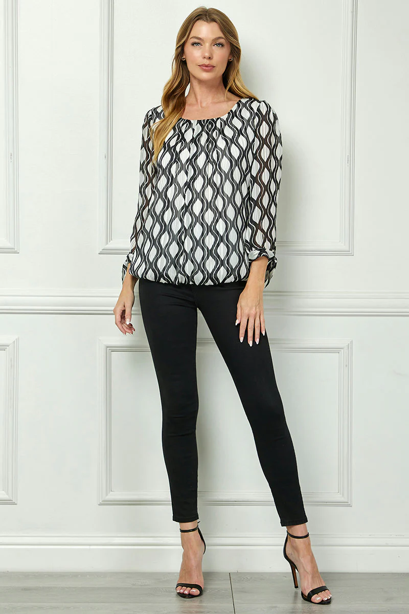 Bubble Hem 3/4 Tie Sleeve Blouse - White - Image 2