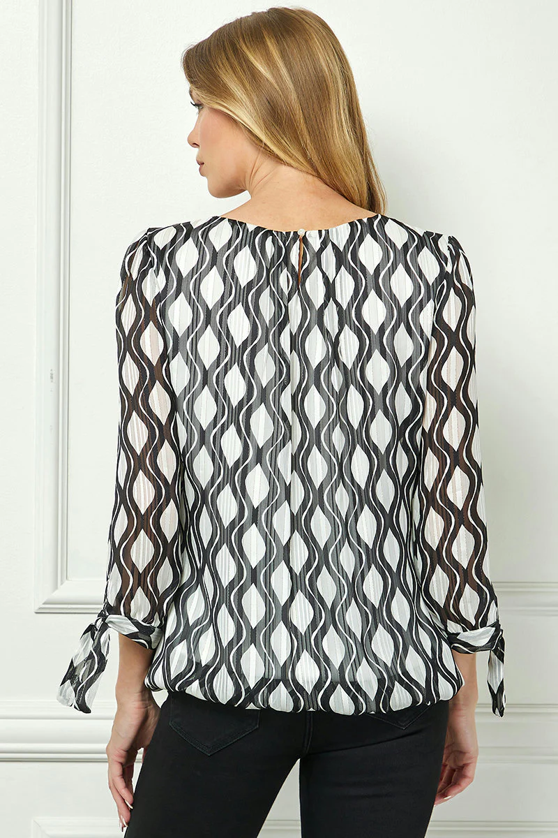 Bubble Hem 3/4 Tie Sleeve Blouse - White - Image 4