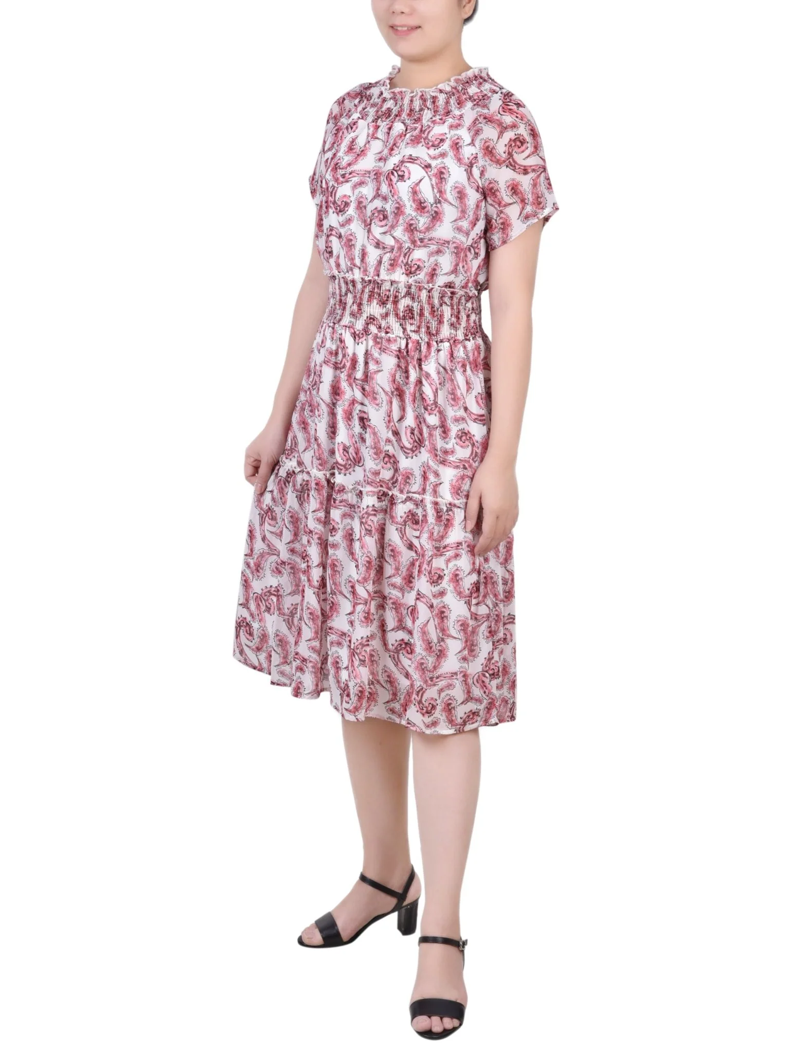 Burgundy Paisley Floral Short Sleeve Smocked Waist Dress - Image 2