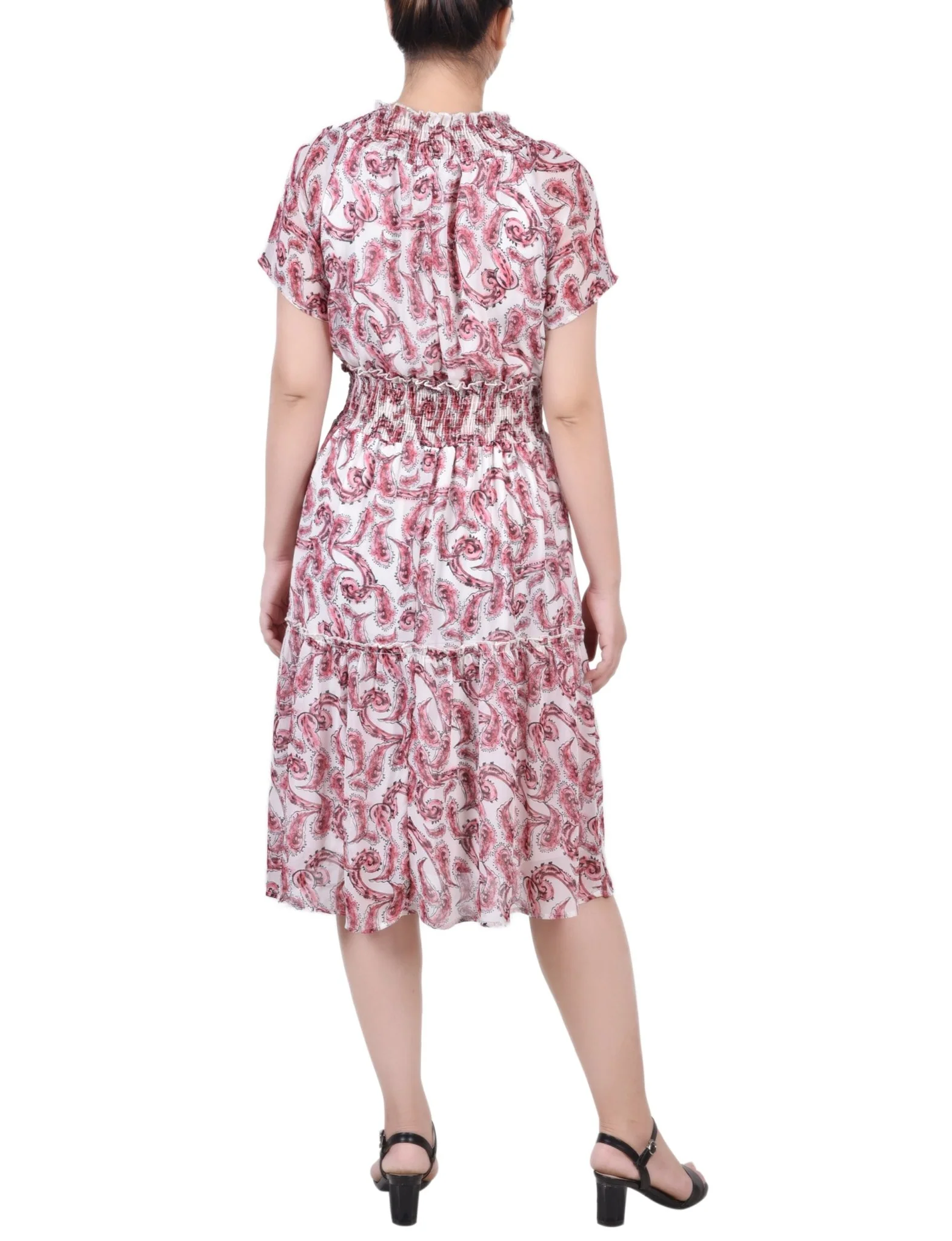 Burgundy Paisley Floral Short Sleeve Smocked Waist Dress - Petite - Image 3