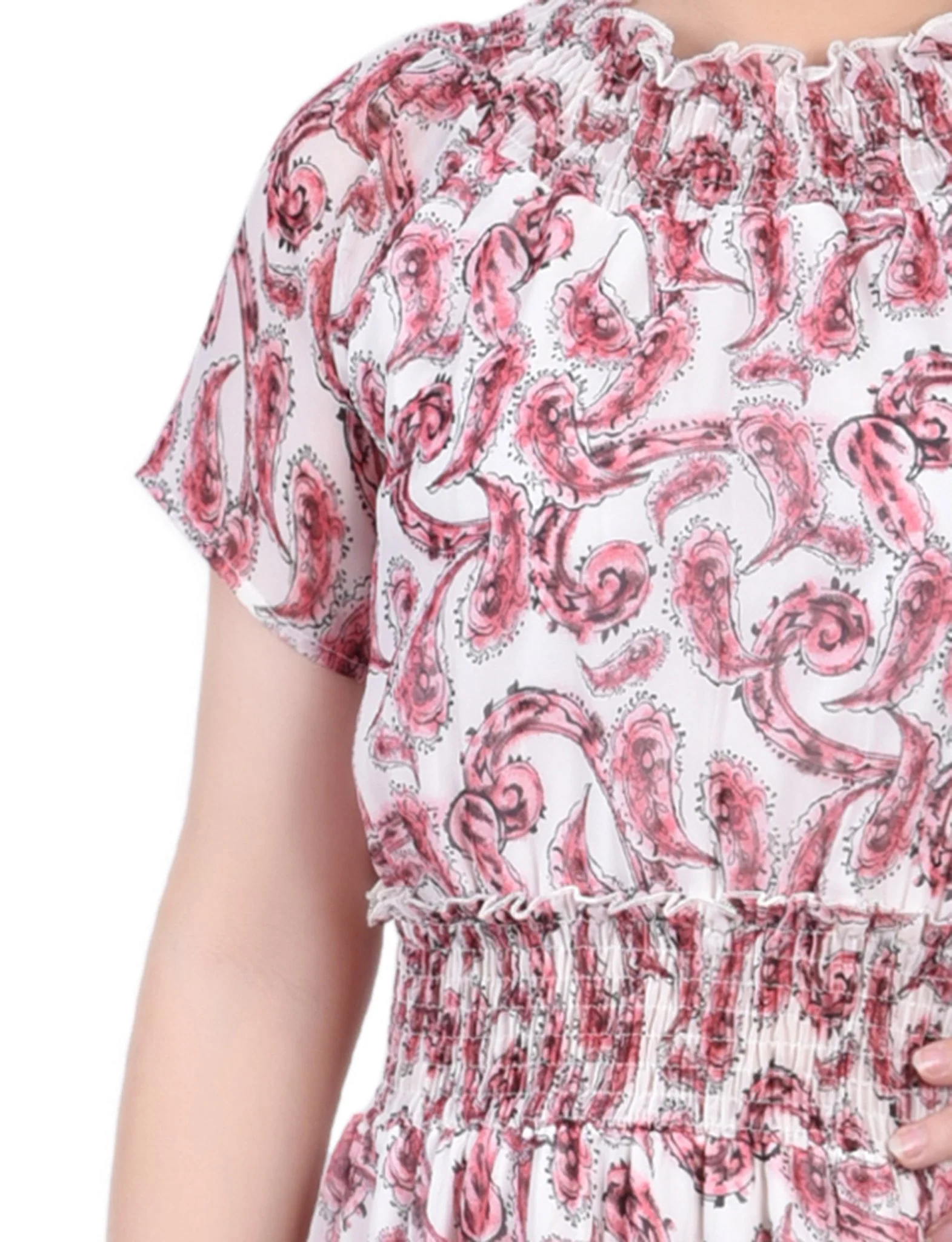 Burgundy Paisley Floral Short Sleeve Smocked Waist Dress - Petite - Image 4