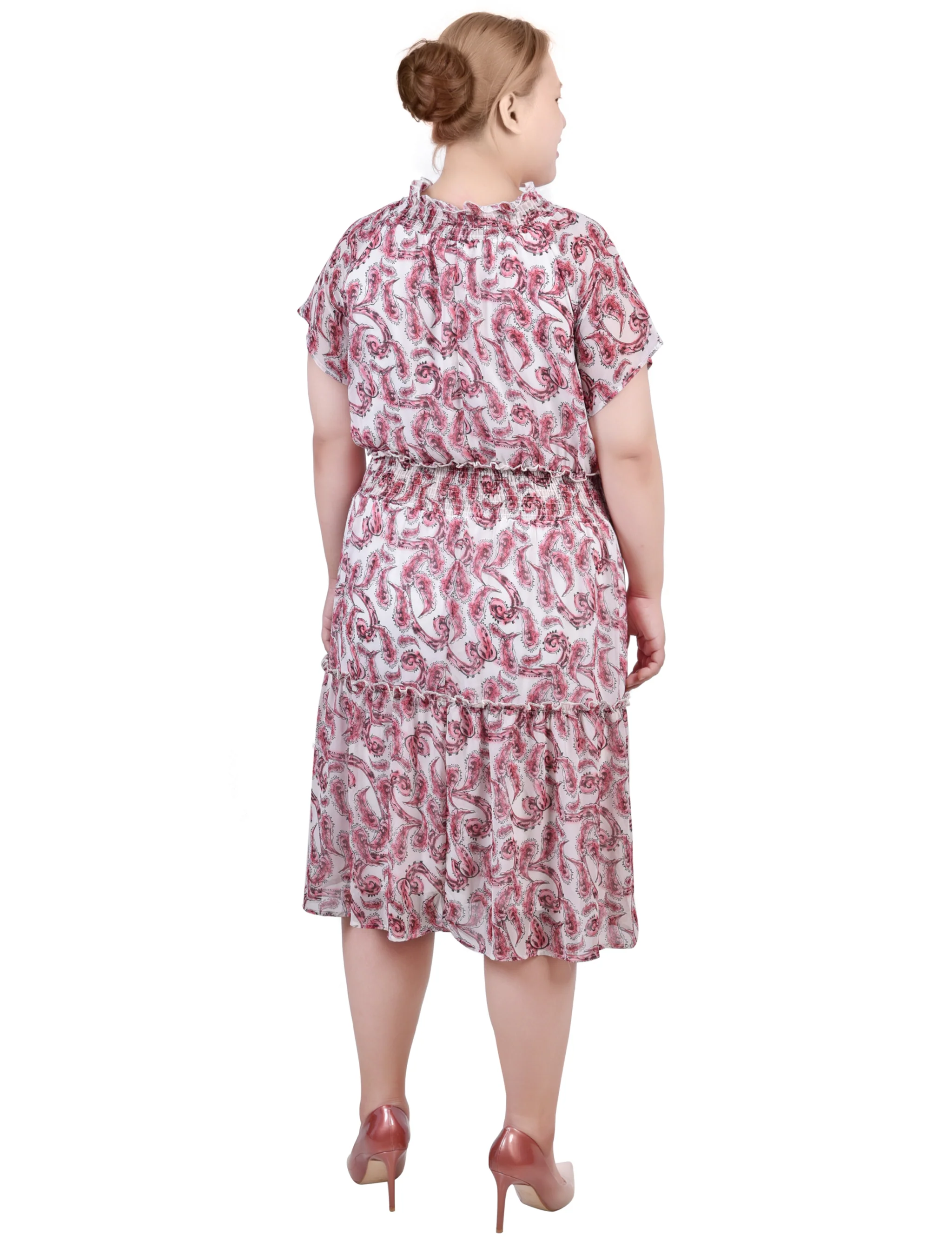 Burgundy Paisley Floral Short Sleeve Smocked Waist Dress - Plus - Image 3