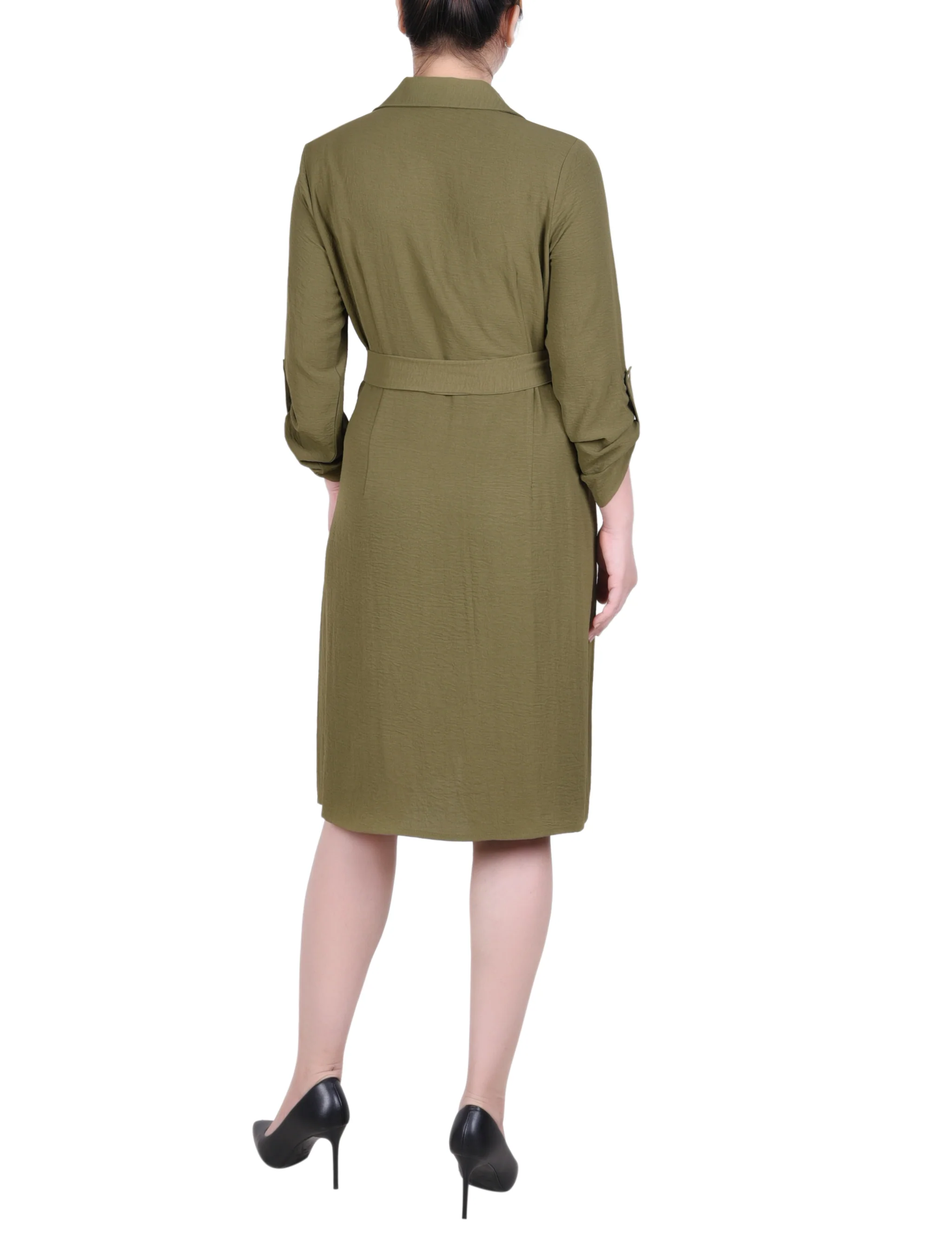 Burnt Olive Long Roll Tab Sleeve Shirtdress - Image 3