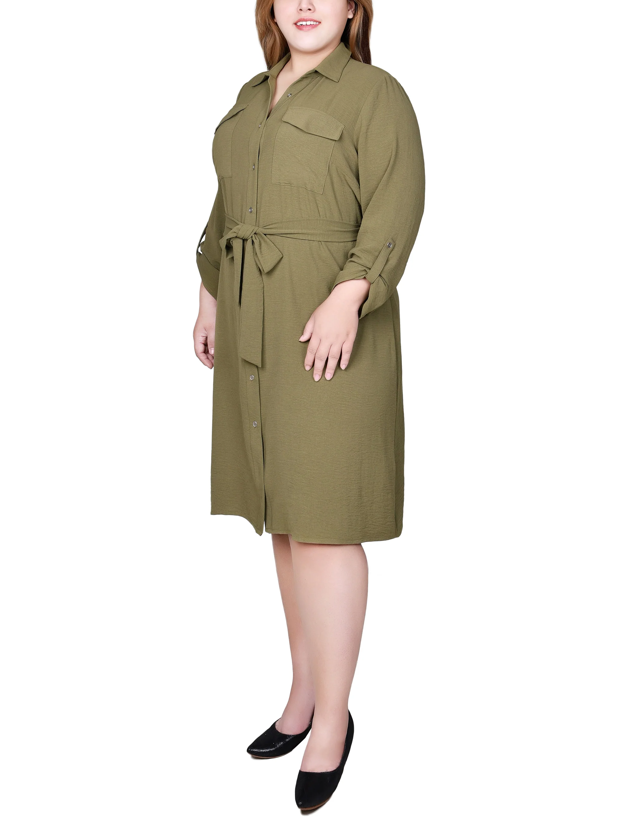 Burnt Olive Long Roll Tab Sleeve Shirtdress - Plus - Image 2