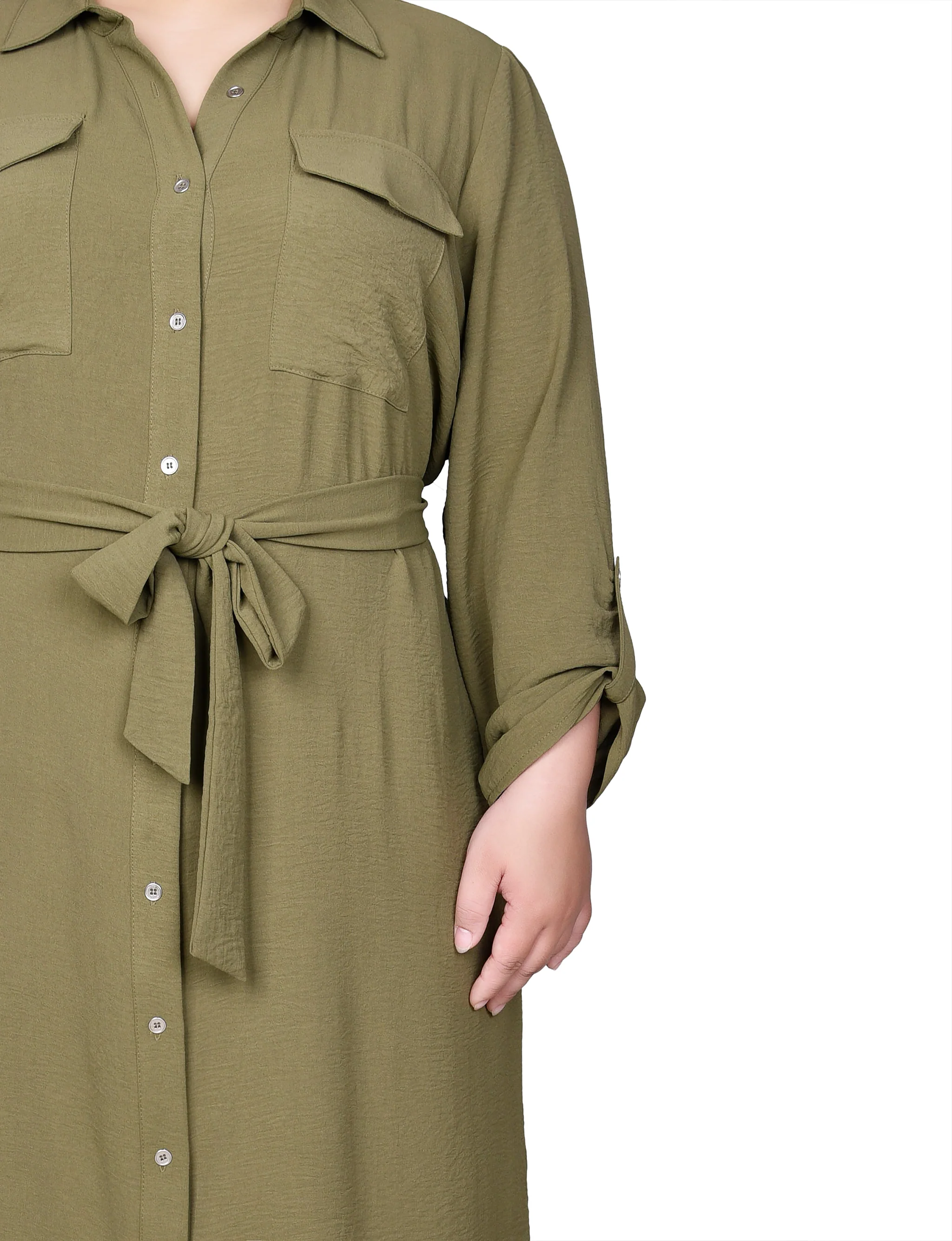 Burnt Olive Long Roll Tab Sleeve Shirtdress - Plus - Image 4