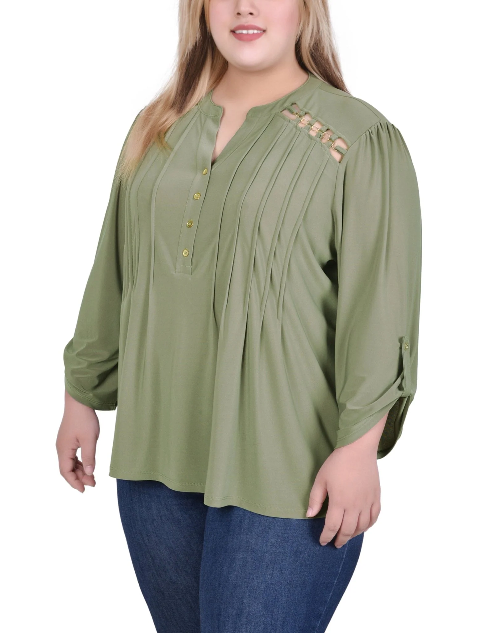 Burnt Olive Pintuck Front Top With Chain Details - Plus - Image 2