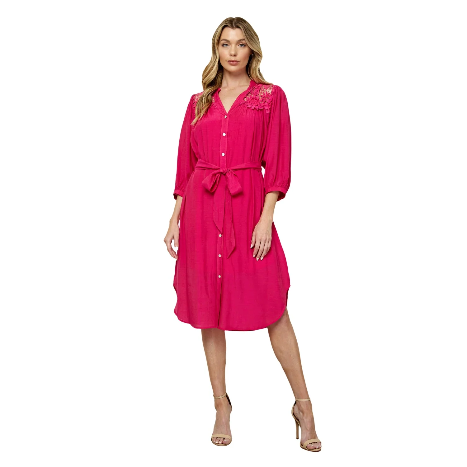 Button Front Yoke Neck Dress With Lace Shoulders - Image 5