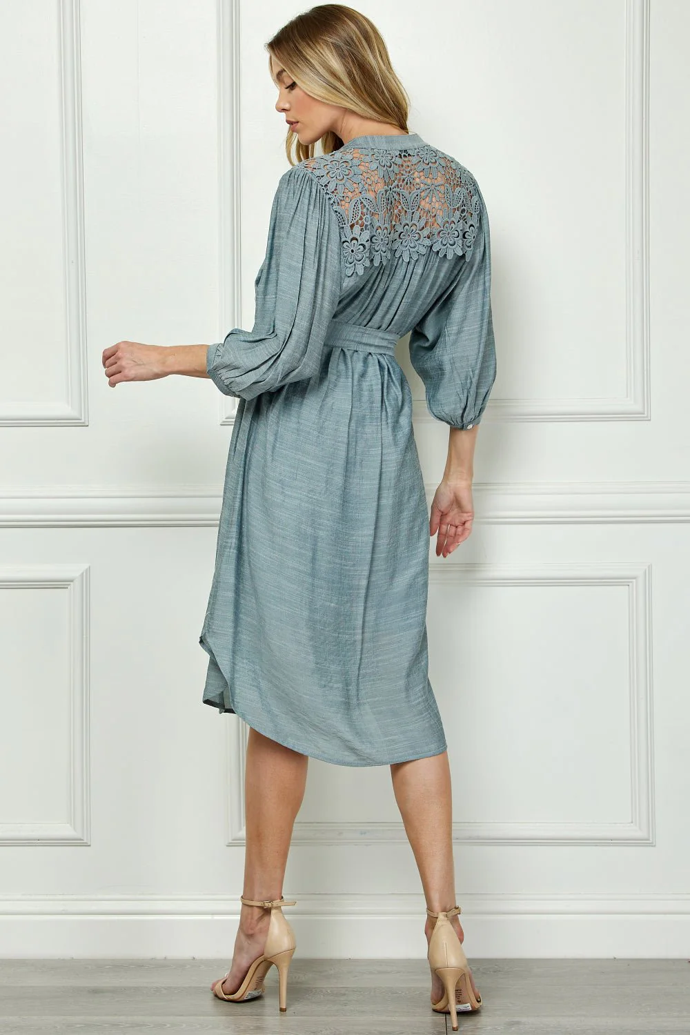 Button Front Yoke Neck Dress With Lace Shoulders - Image 9