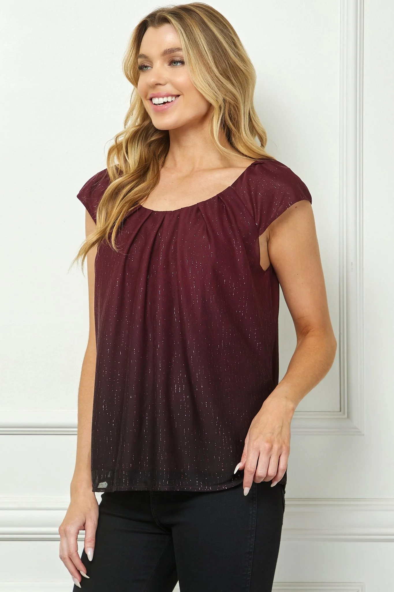 Cap Sleeve Pleat Scoop Neck Blouse, Burgundy - Image 4