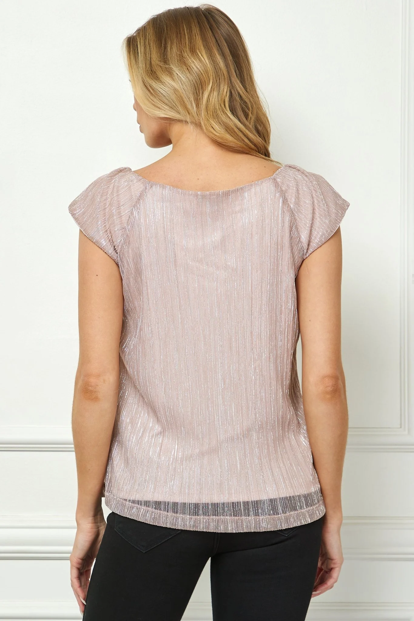 Cap Sleeve Pleat Scoop Neck Blouse, Rose - Image 2