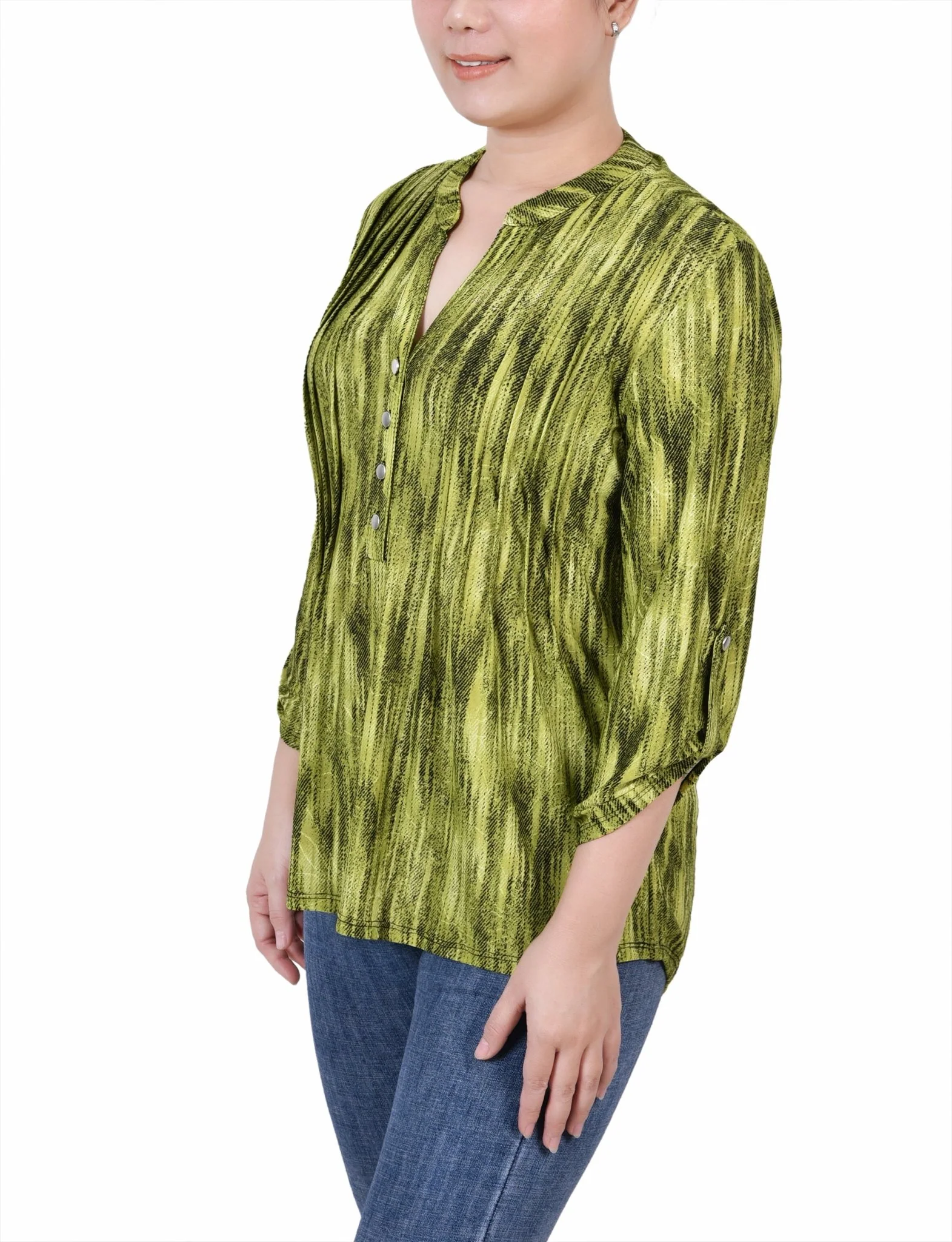 Chartreuse 3/4 Sleeve Roll Tab Y Neck Top - Image 2