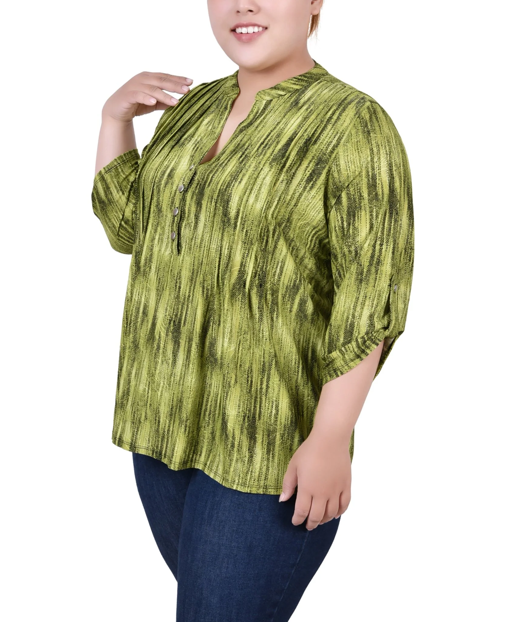 Chartreuse 3/4 Sleeve Roll Tab Y Neck Top - Plus - Image 2