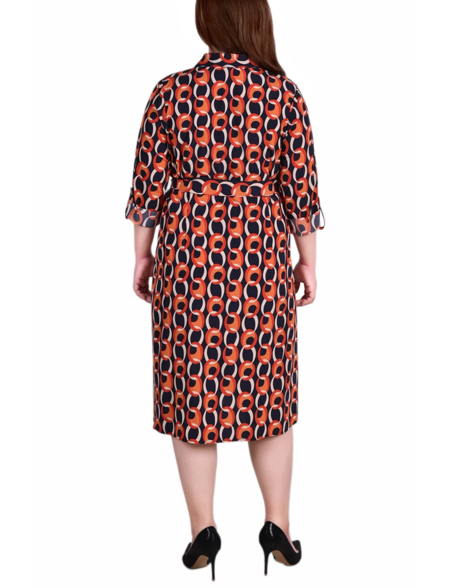 Circle Chain 3/4 Roll Tab Sleeve Belted Shirtdress - Plus - Image 3