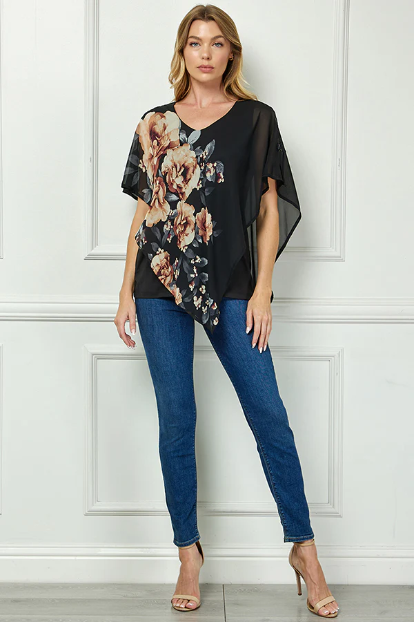Cold Shoulder Tie Sleeve Poncho with V-neck Tank Blouse - Black - Image 2