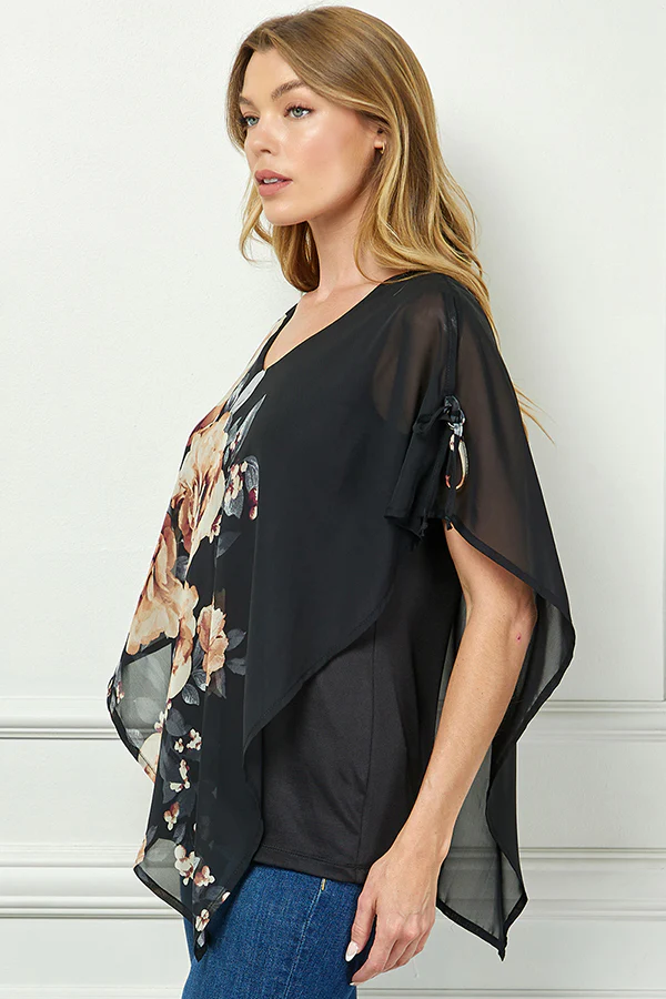 Cold Shoulder Tie Sleeve Poncho with V-neck Tank Blouse - Black - Image 3