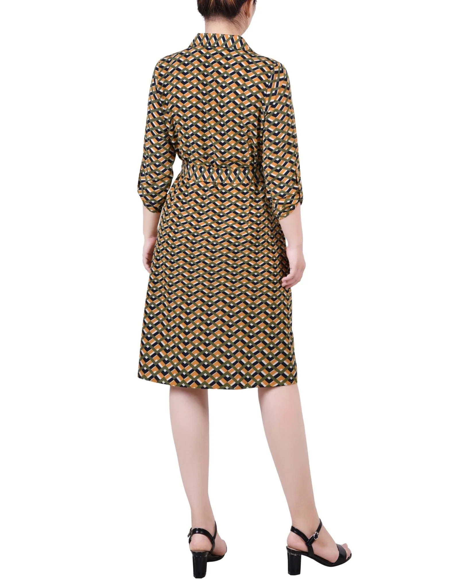 Cypress Inca Gold Navy Zigzag 3/4 Roll Tab Sleeve Belted Shirtdress - Petite - Image 3
