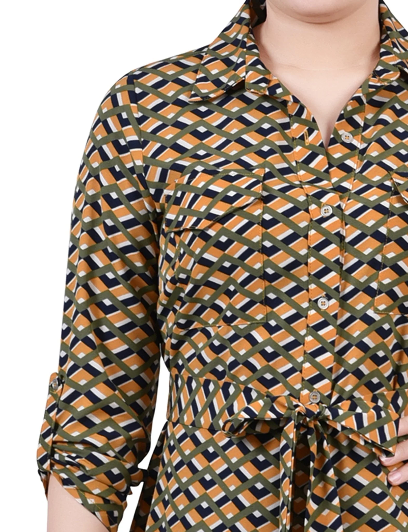 Cypress Inca Gold Navy Zigzag 3/4 Roll Tab Sleeve Belted Shirtdress - Petite - Image 4