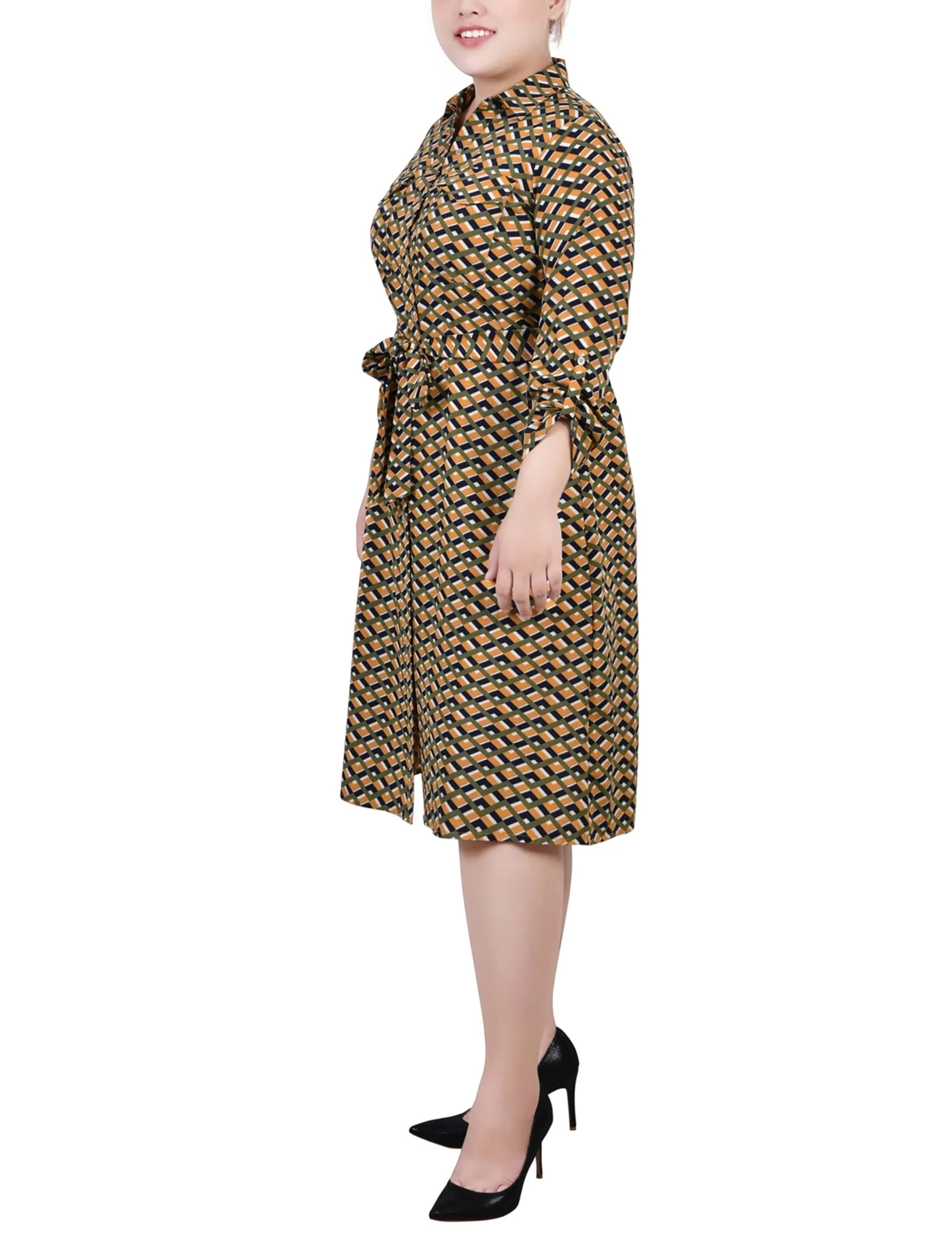 Cypress Inca Gold Navy Zigzag 3/4 Roll Tab Sleeve Belted Shirtdress - Plus - Image 2