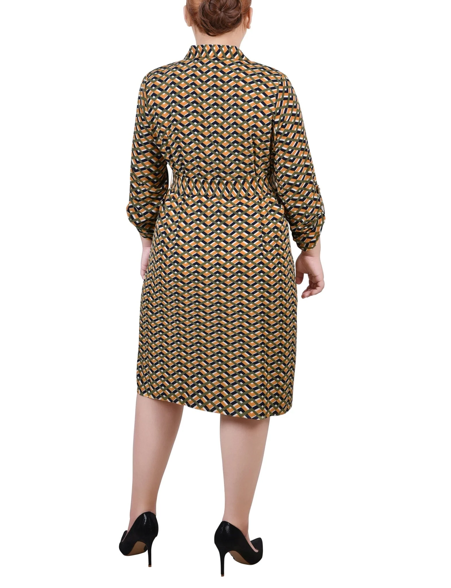 Cypress Inca Gold Navy Zigzag 3/4 Roll Tab Sleeve Belted Shirtdress - Plus - Image 3