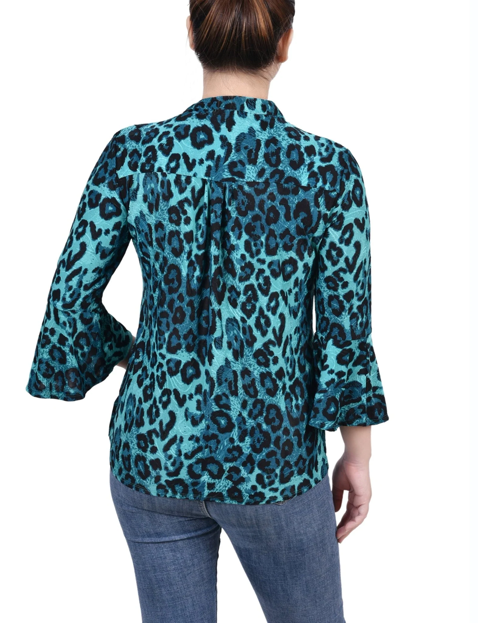Dark Teal Skin 3/4 Bell Sleeve Pleat Front Y Neck Top - Petite - Image 4