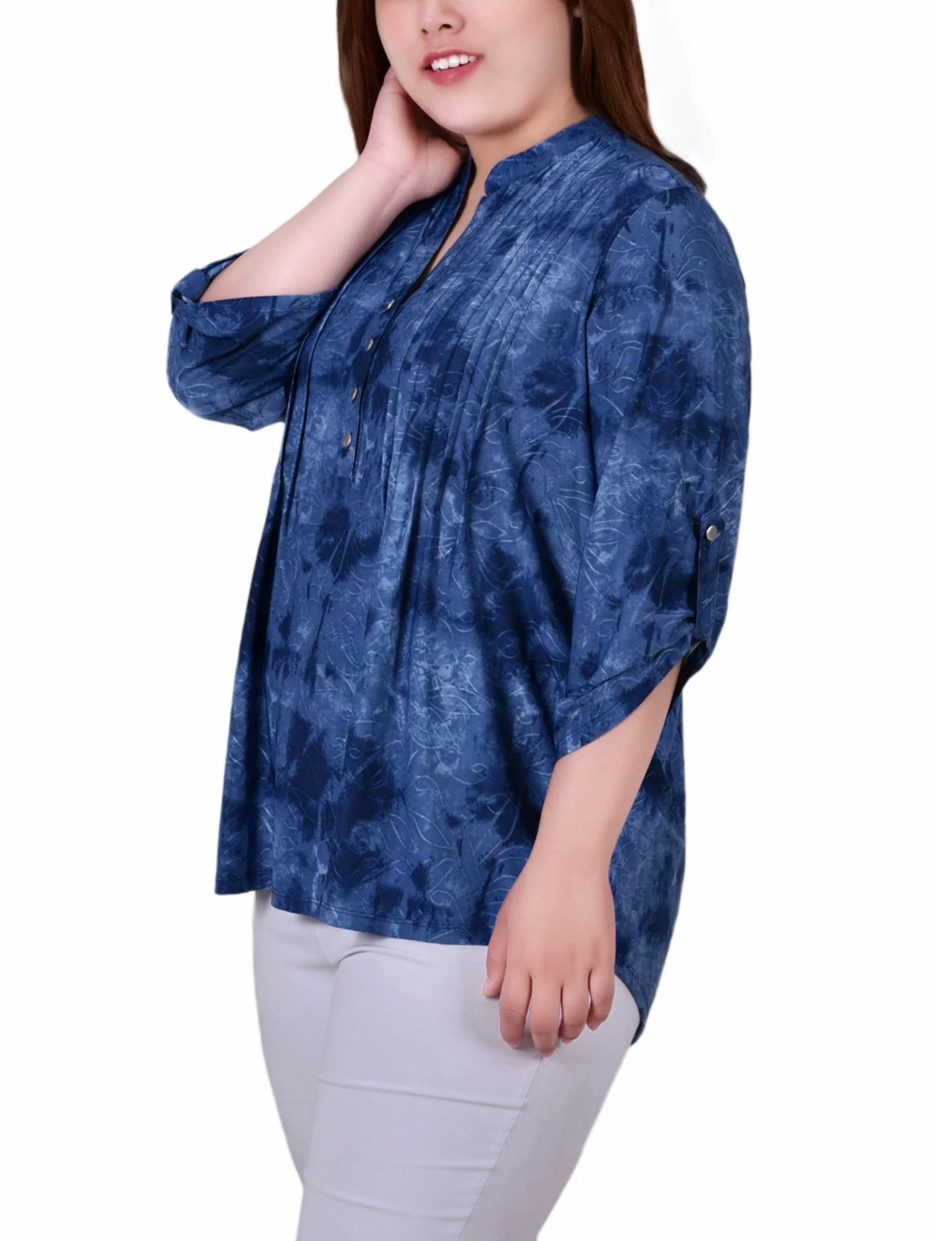 Denim Tie Dye 3/4 Sleeve Roll Tab Y Neck Top - Plus - Image 2